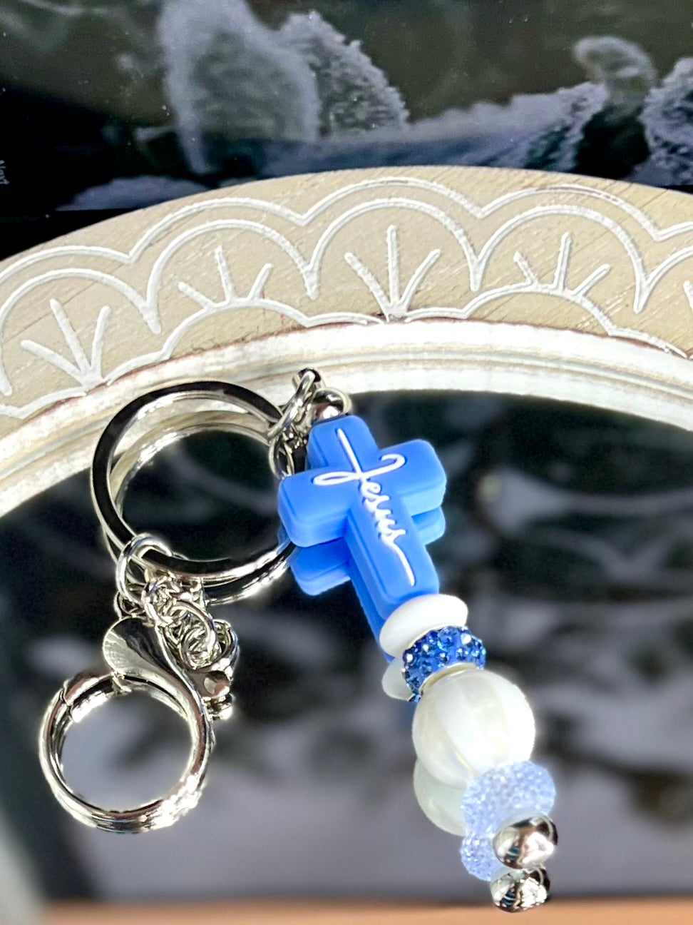 Blue Jesus cross keychain