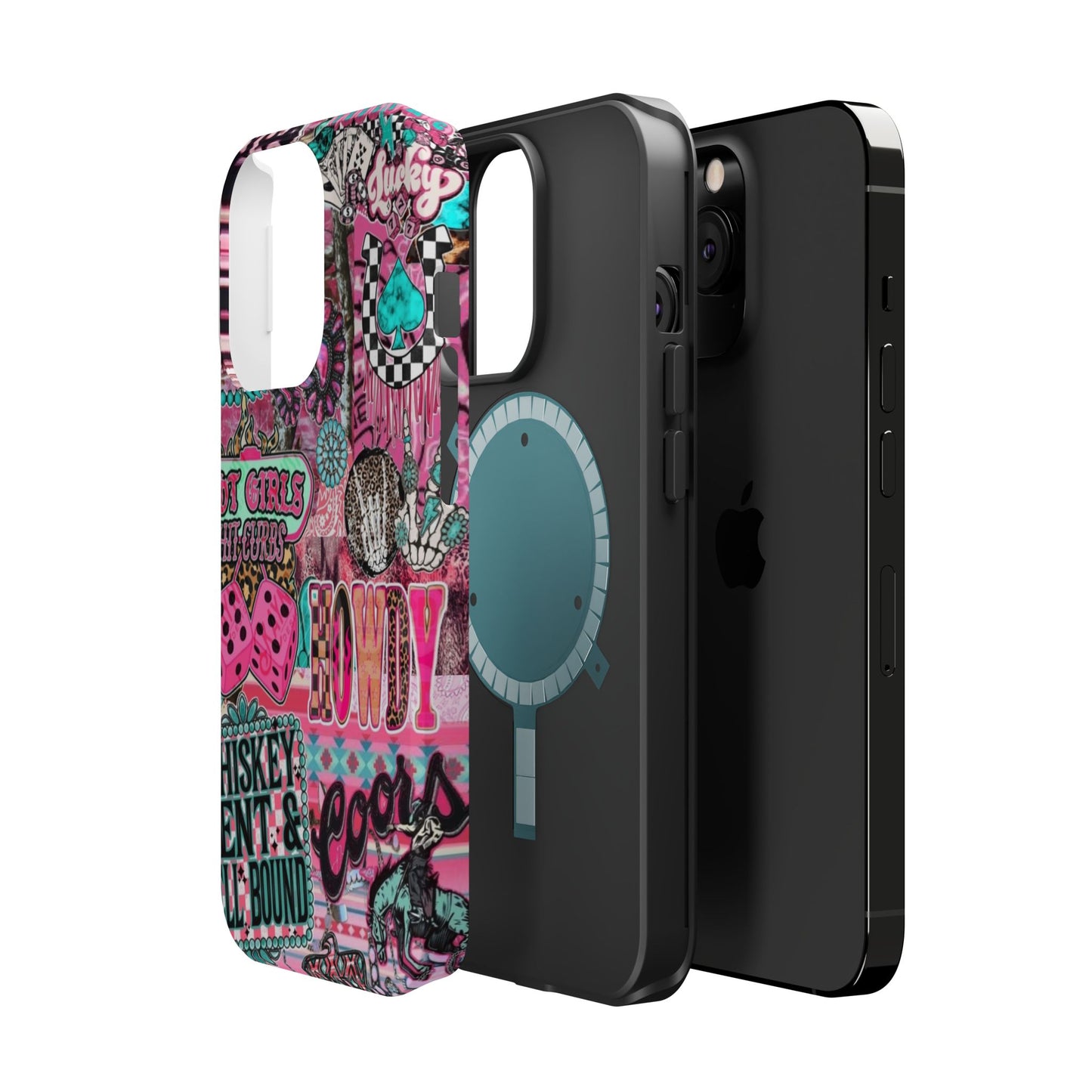 Pink Retro Patchwork Tough Magnetic Phone Case - 'Cowgirl' Sticker Collage