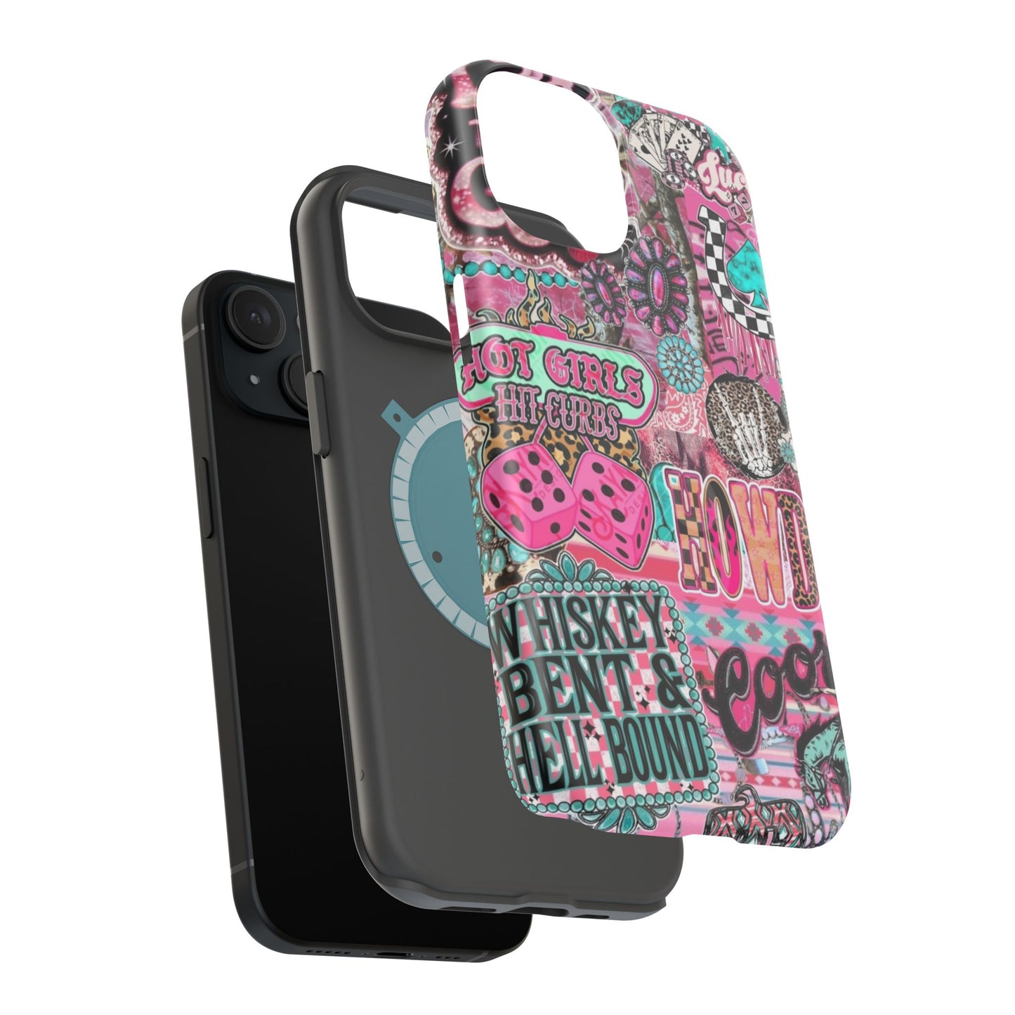 Pink Retro Patchwork Tough Magnetic Phone Case - 'Cowgirl' Sticker Collage