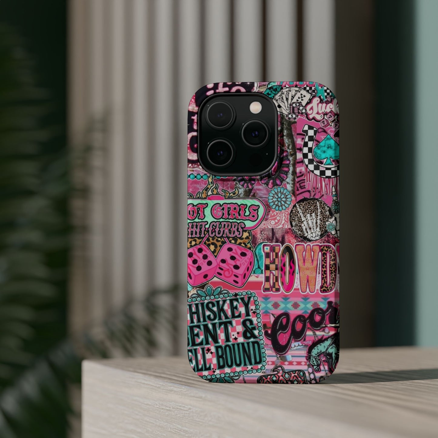 Pink Retro Patchwork Tough Magnetic Phone Case - 'Cowgirl' Sticker Collage