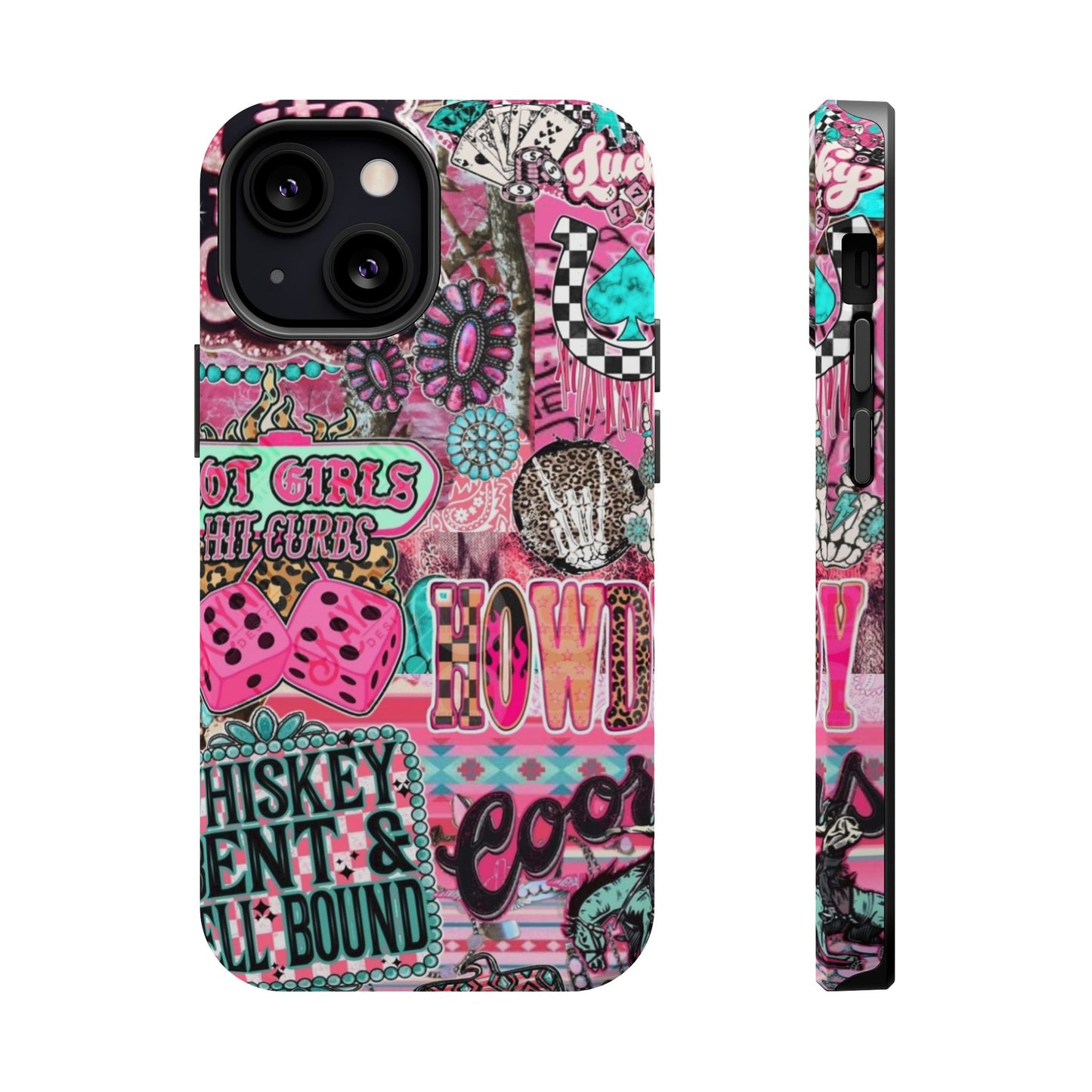 Pink Retro Patchwork Tough Magnetic Phone Case - 'Cowgirl' Sticker Collage
