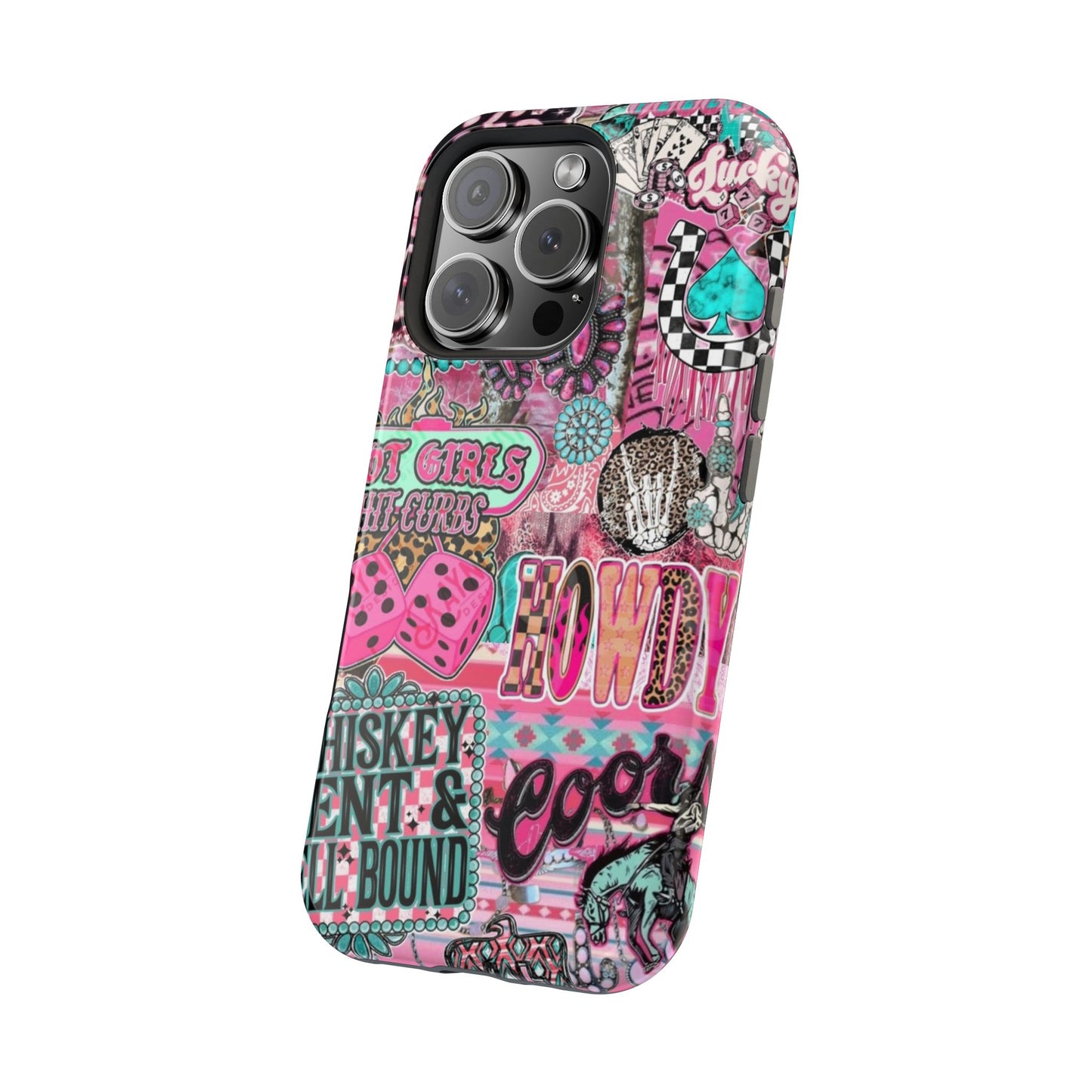 Pink Retro Patchwork Tough Magnetic Phone Case - 'Cowgirl' Sticker Collage