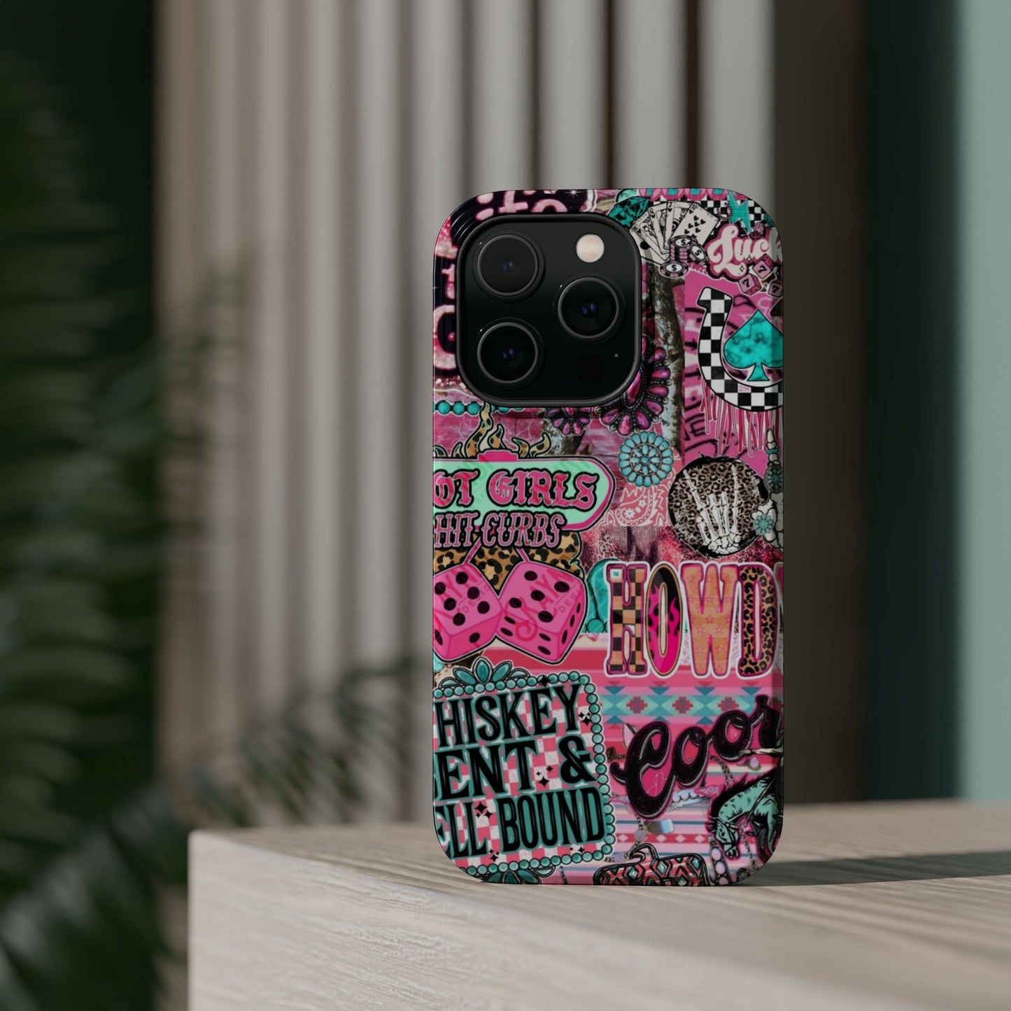 Pink Retro Patchwork Tough Magnetic Phone Case - 'Cowgirl' Sticker Collage