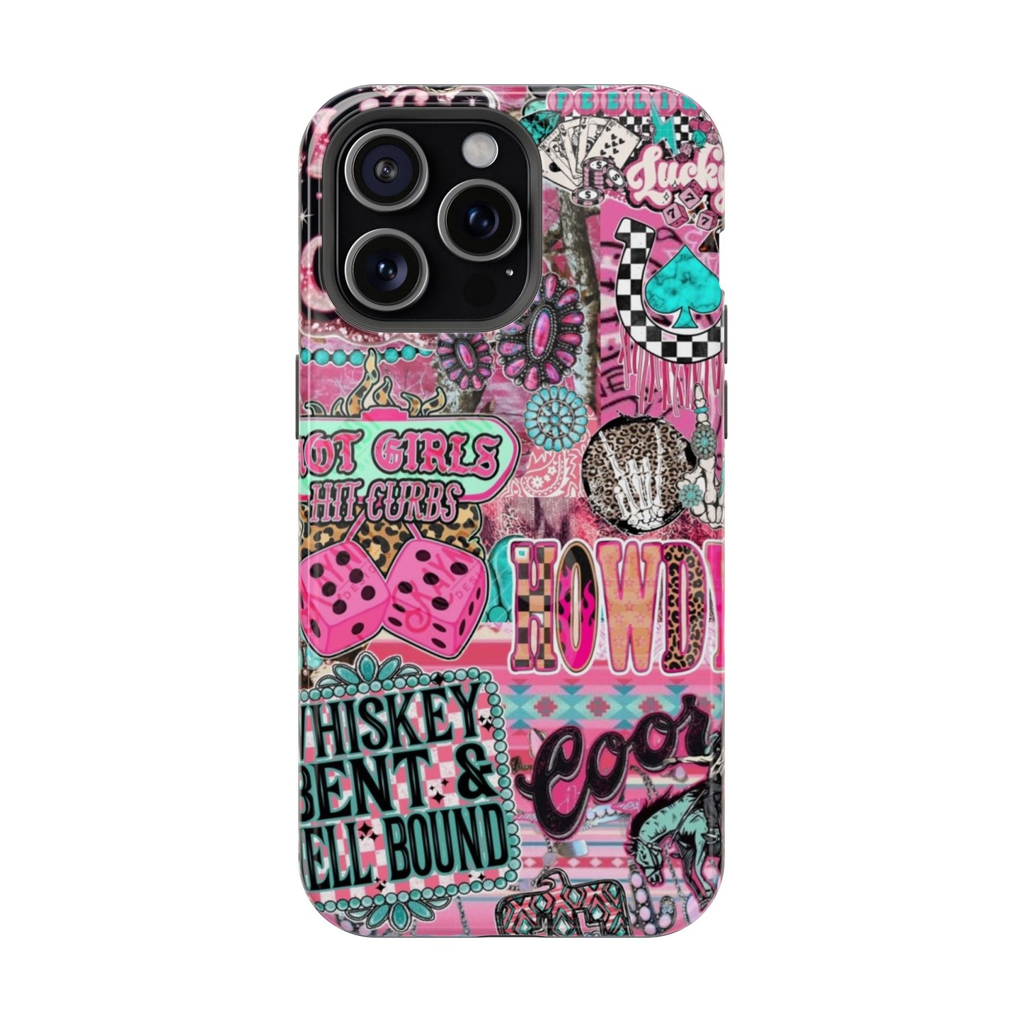 Pink Retro Patchwork Tough Magnetic Phone Case - 'Cowgirl' Sticker Collage