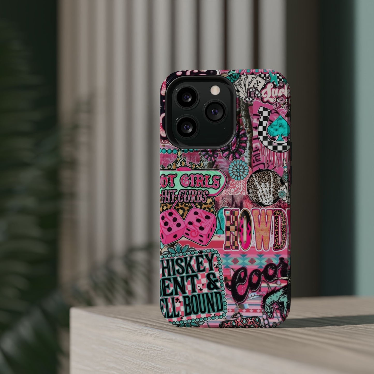 Pink Retro Patchwork Tough Magnetic Phone Case - 'Cowgirl' Sticker Collage