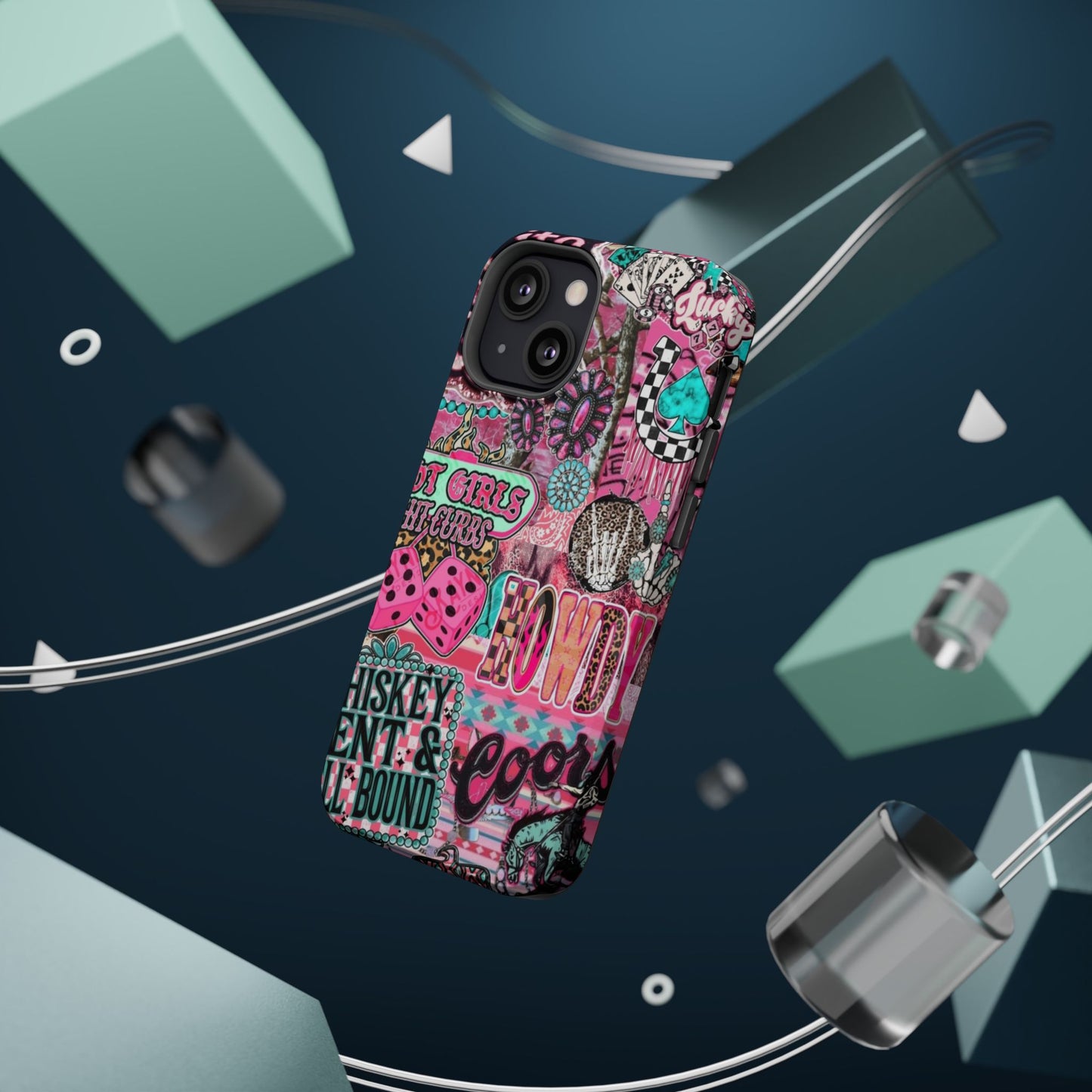 Pink Retro Patchwork Tough Magnetic Phone Case - 'Cowgirl' Sticker Collage