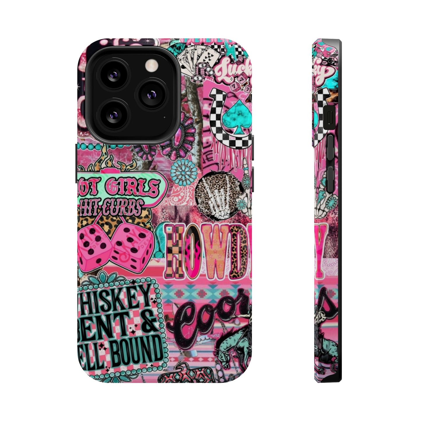 Pink Retro Patchwork Tough Magnetic Phone Case - 'Cowgirl' Sticker Collage
