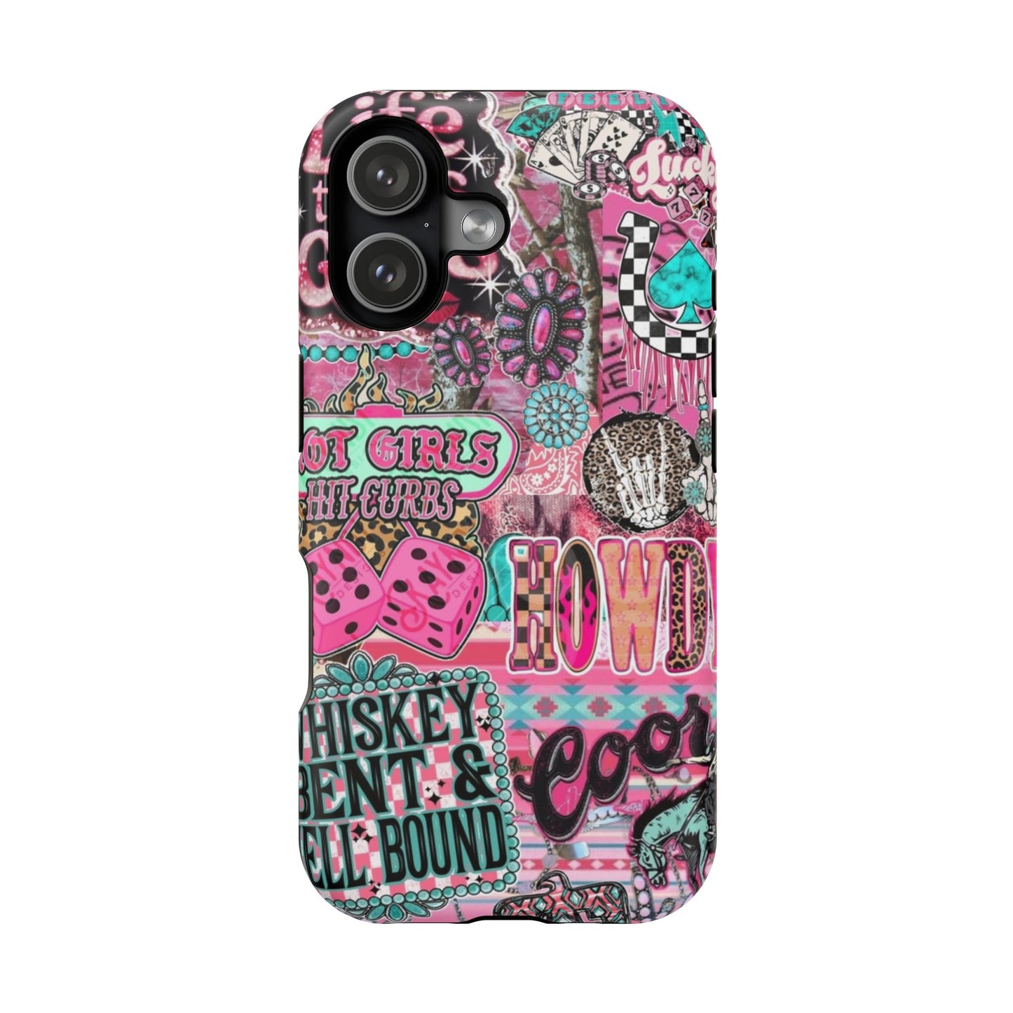 Pink Retro Patchwork Tough Magnetic Phone Case - 'Cowgirl' Sticker Collage