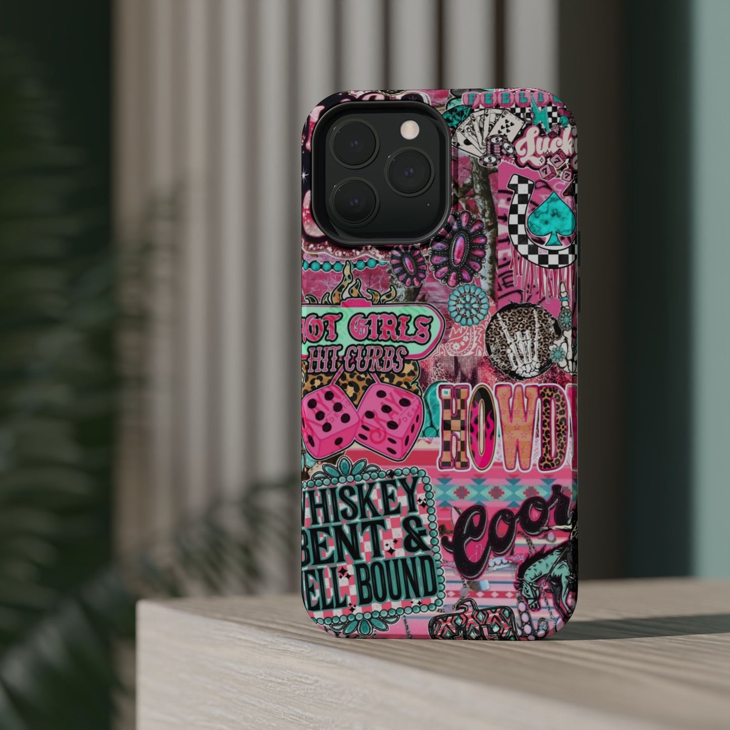 Pink Retro Patchwork Tough Magnetic Phone Case - 'Cowgirl' Sticker Collage