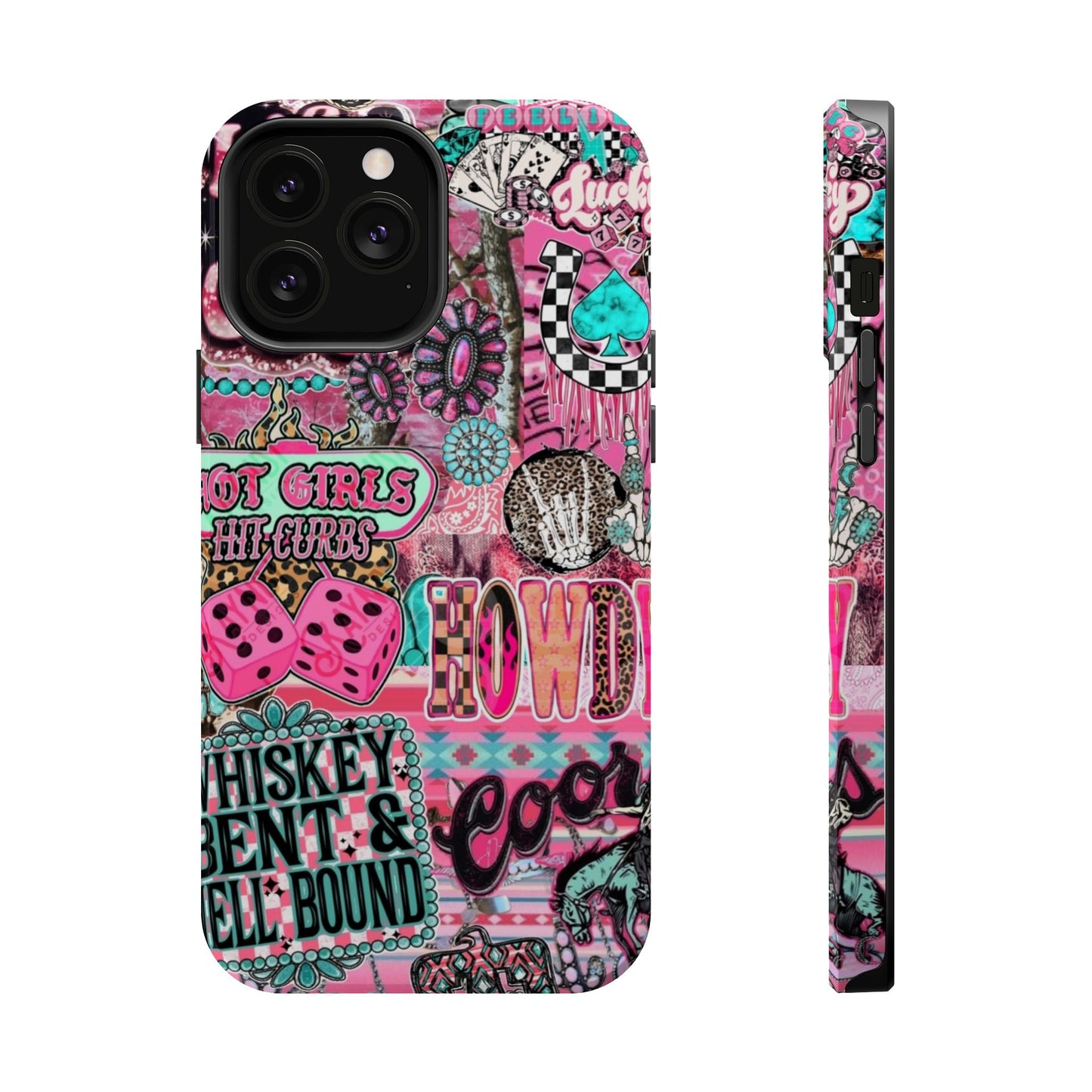 Pink Retro Patchwork Tough Magnetic Phone Case - 'Cowgirl' Sticker Collage