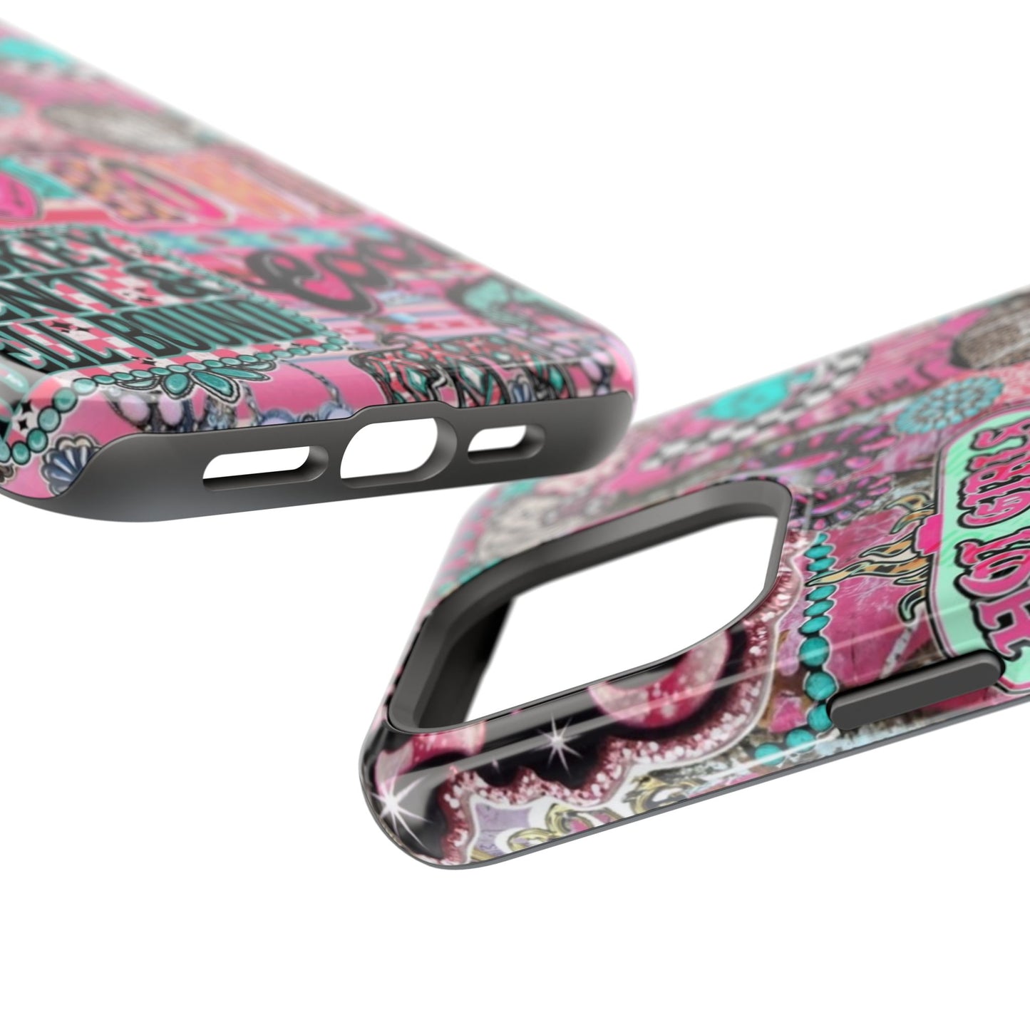 Pink Retro Patchwork Tough Magnetic Phone Case - 'Cowgirl' Sticker Collage