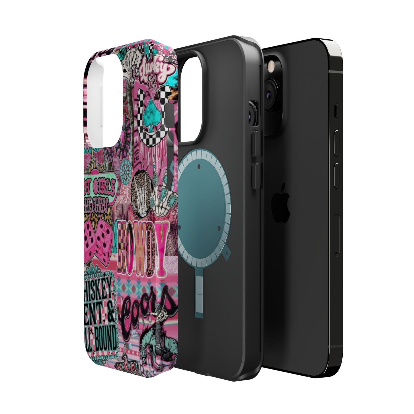 Pink Retro Patchwork Tough Magnetic Phone Case - 'Cowgirl' Sticker Collage