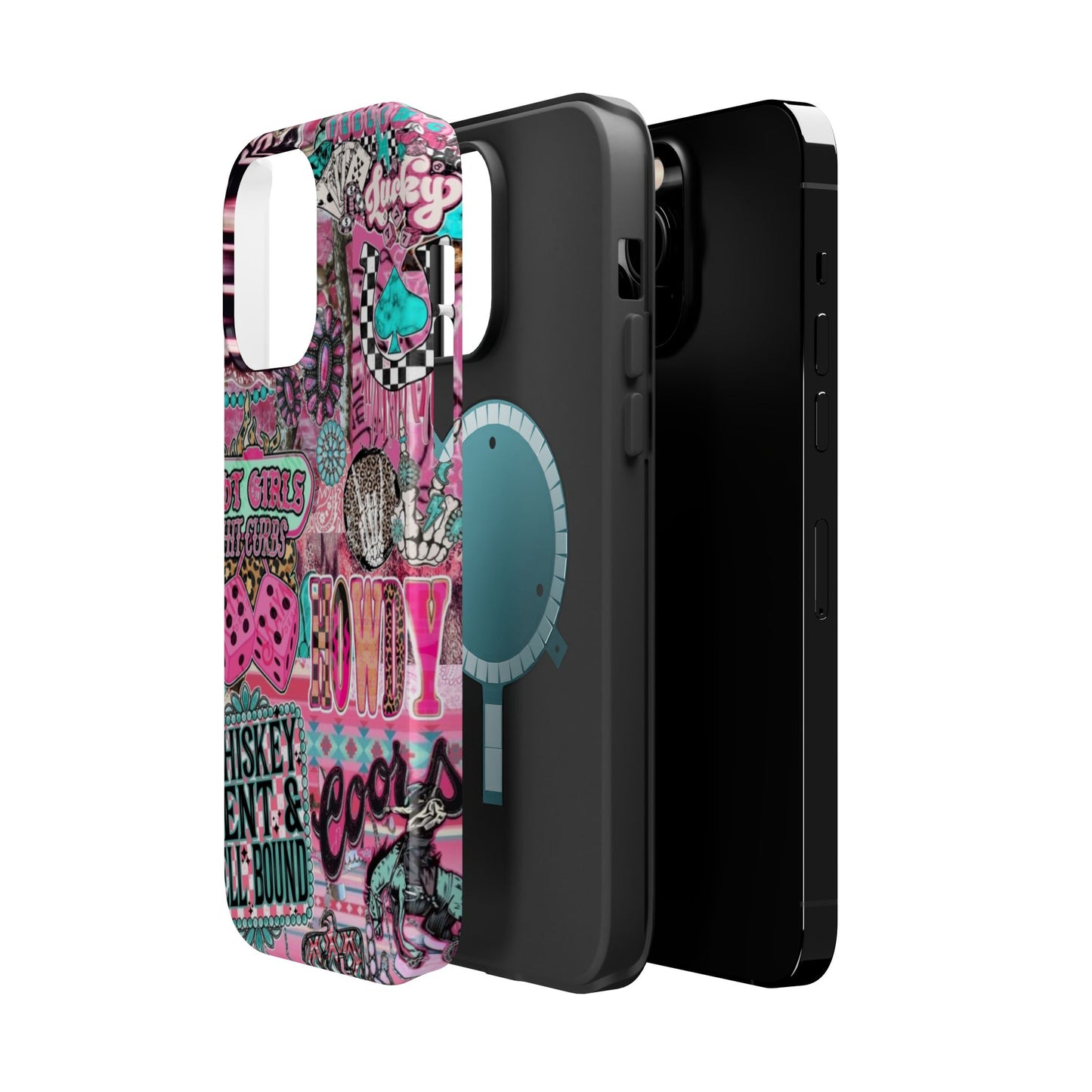 Pink Retro Patchwork Tough Magnetic Phone Case - 'Cowgirl' Sticker Collage