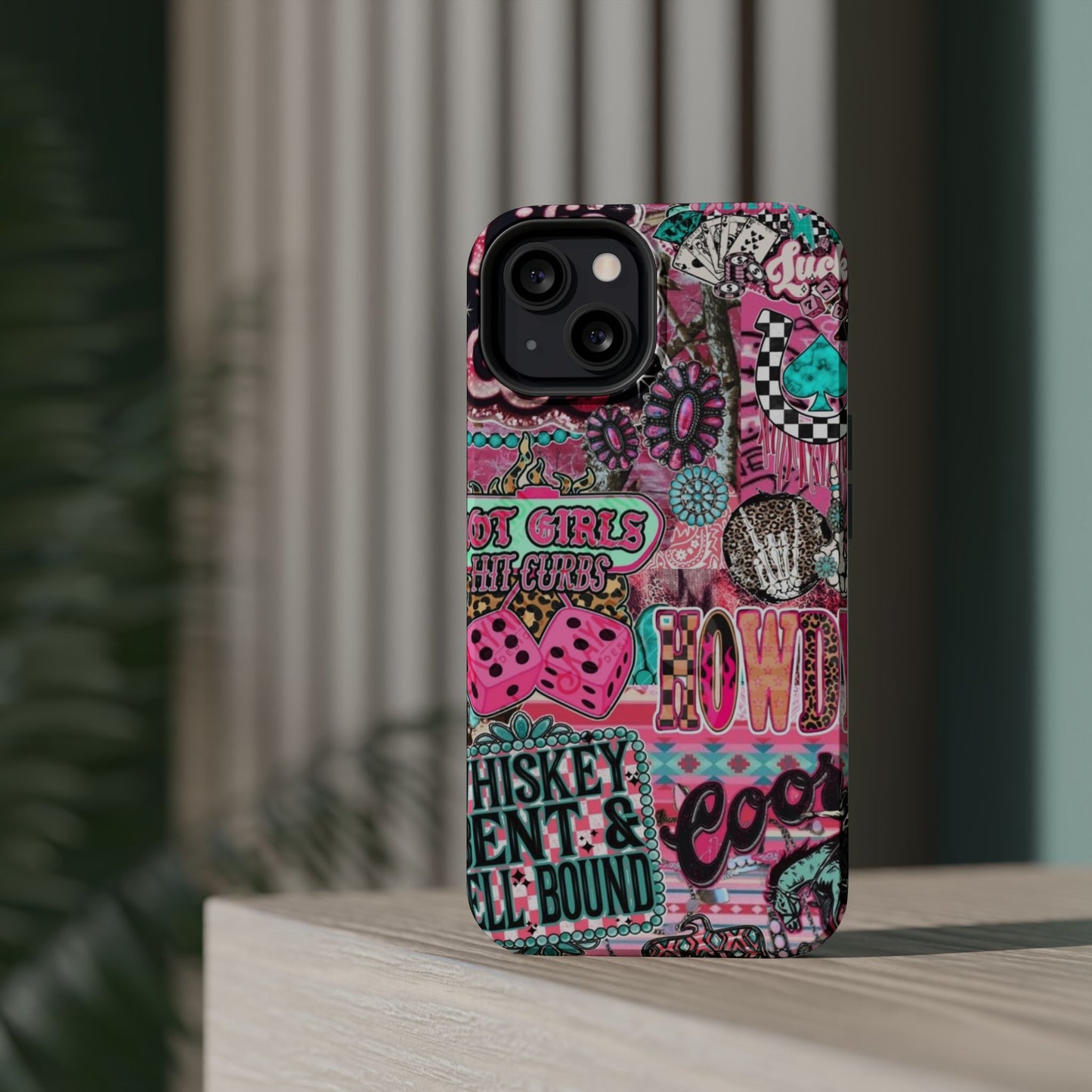 Pink Retro Patchwork Tough Magnetic Phone Case - 'Cowgirl' Sticker Collage