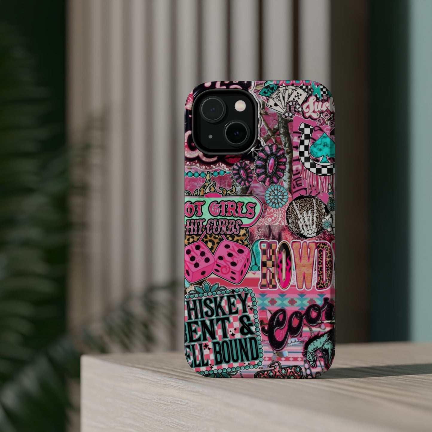 Pink Retro Patchwork Tough Magnetic Phone Case - 'Cowgirl' Sticker Collage