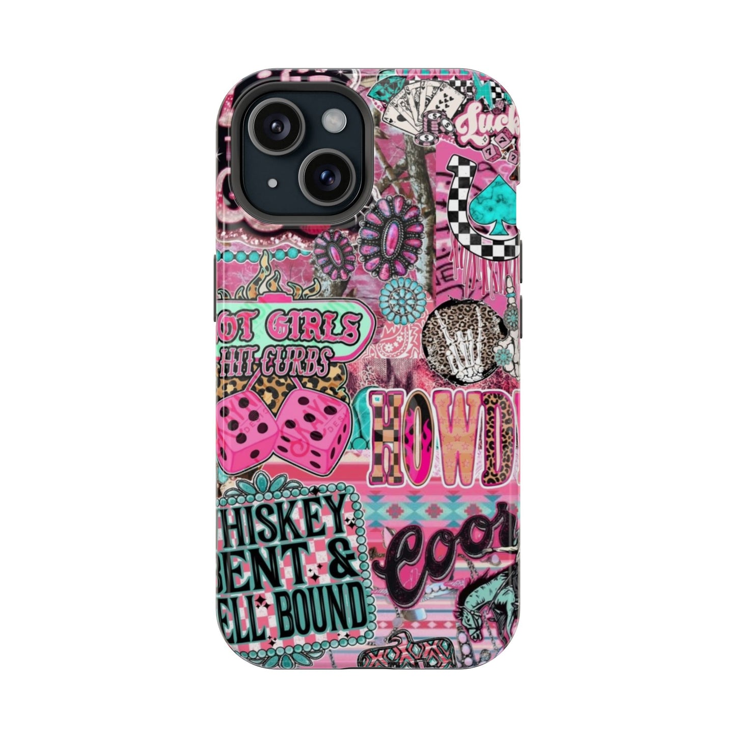 Pink Retro Patchwork Tough Magnetic Phone Case - 'Cowgirl' Sticker Collage