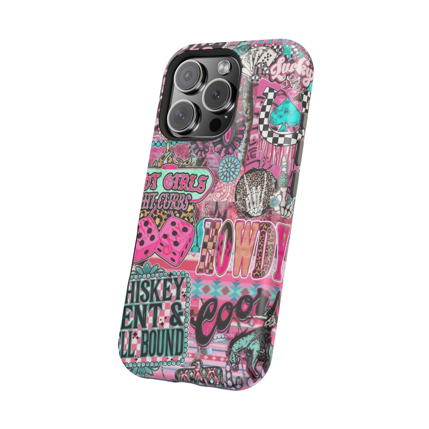 Pink Retro Patchwork Tough Magnetic Phone Case - 'Cowgirl' Sticker Collage