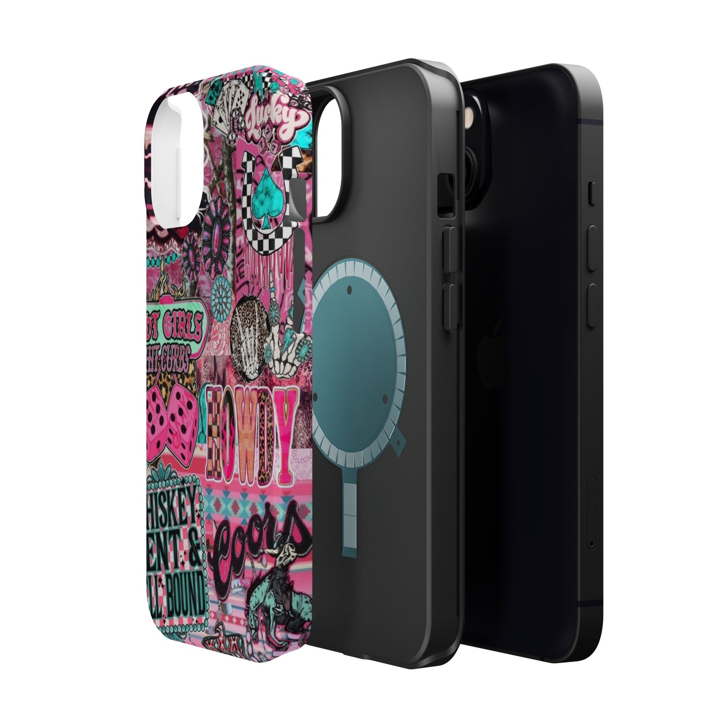 Pink Retro Patchwork Tough Magnetic Phone Case - 'Cowgirl' Sticker Collage
