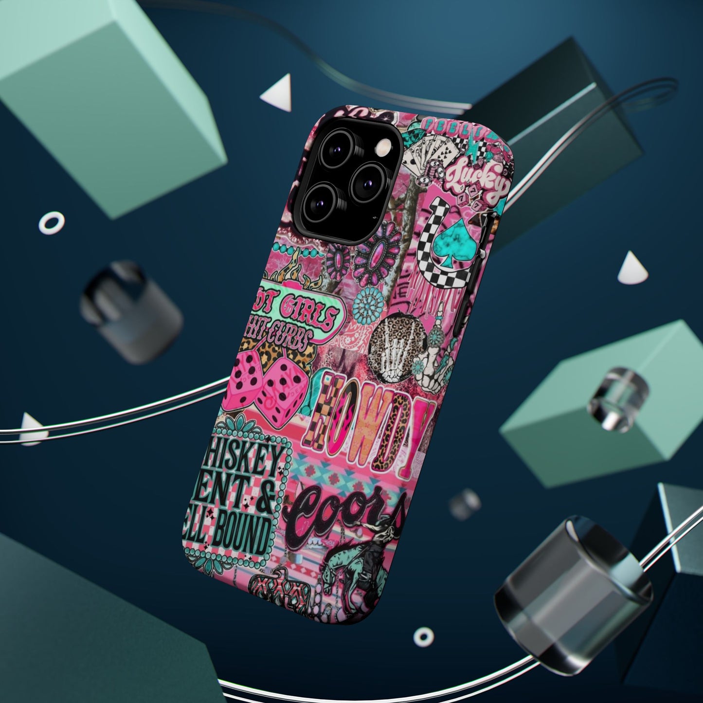 Pink Retro Patchwork Tough Magnetic Phone Case - 'Cowgirl' Sticker Collage