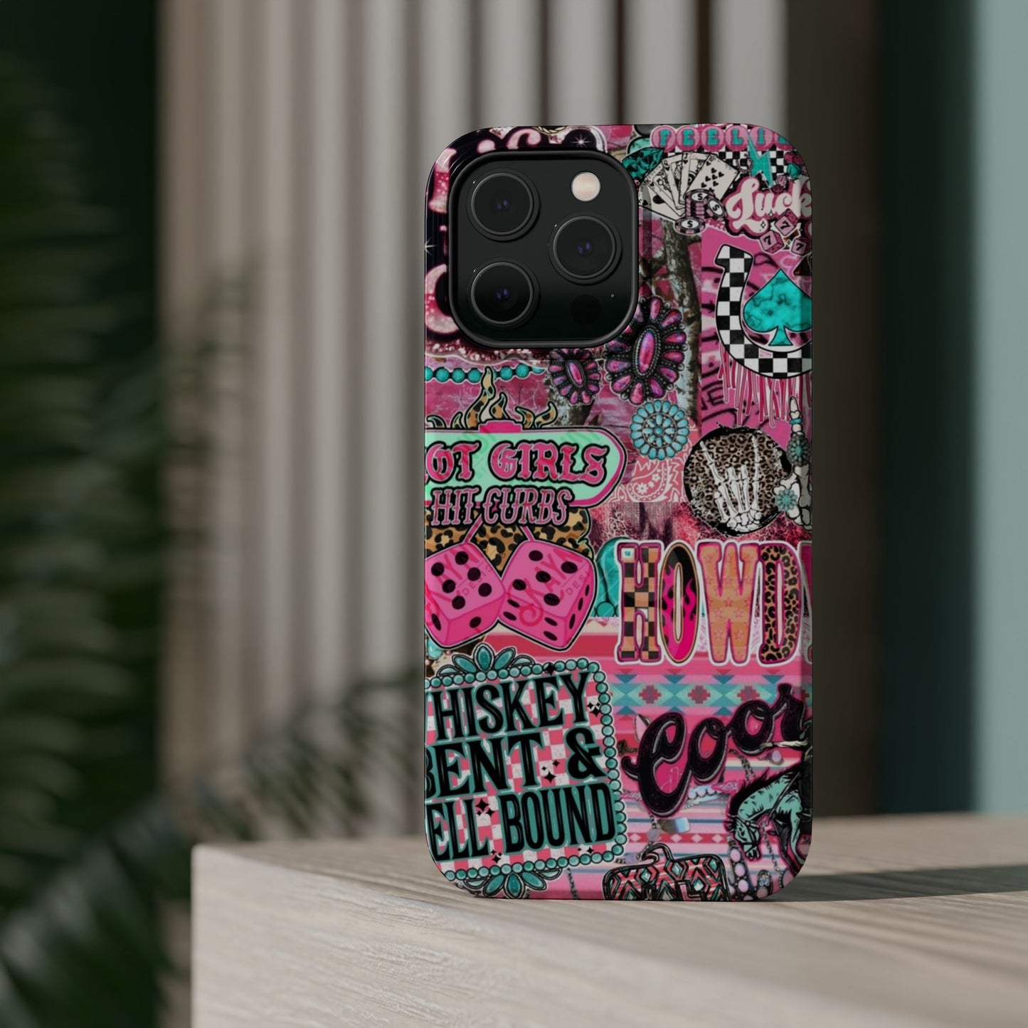 Pink Retro Patchwork Tough Magnetic Phone Case - 'Cowgirl' Sticker Collage