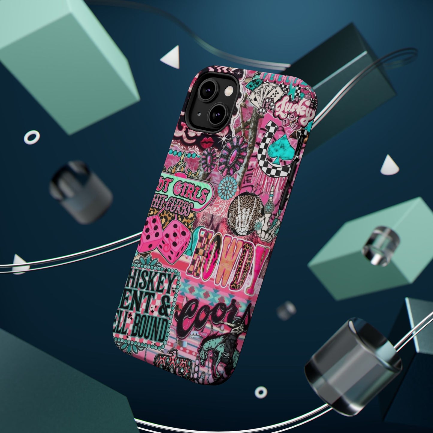 Pink Retro Patchwork Tough Magnetic Phone Case - 'Cowgirl' Sticker Collage