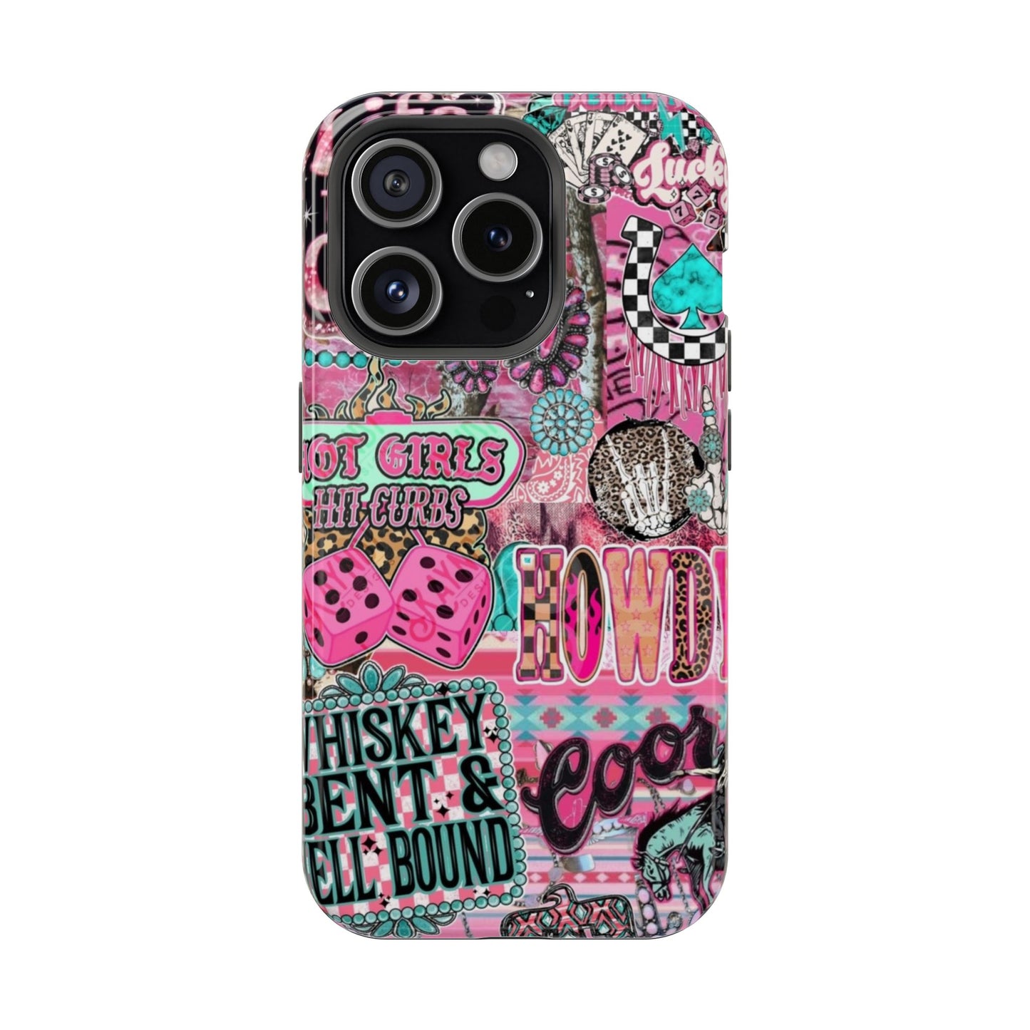 Pink Retro Patchwork Tough Magnetic Phone Case - 'Cowgirl' Sticker Collage