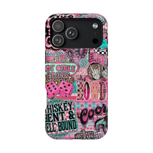 Pink Retro Patchwork Tough Magnetic Phone Case - 'Cowgirl' Sticker Collage
