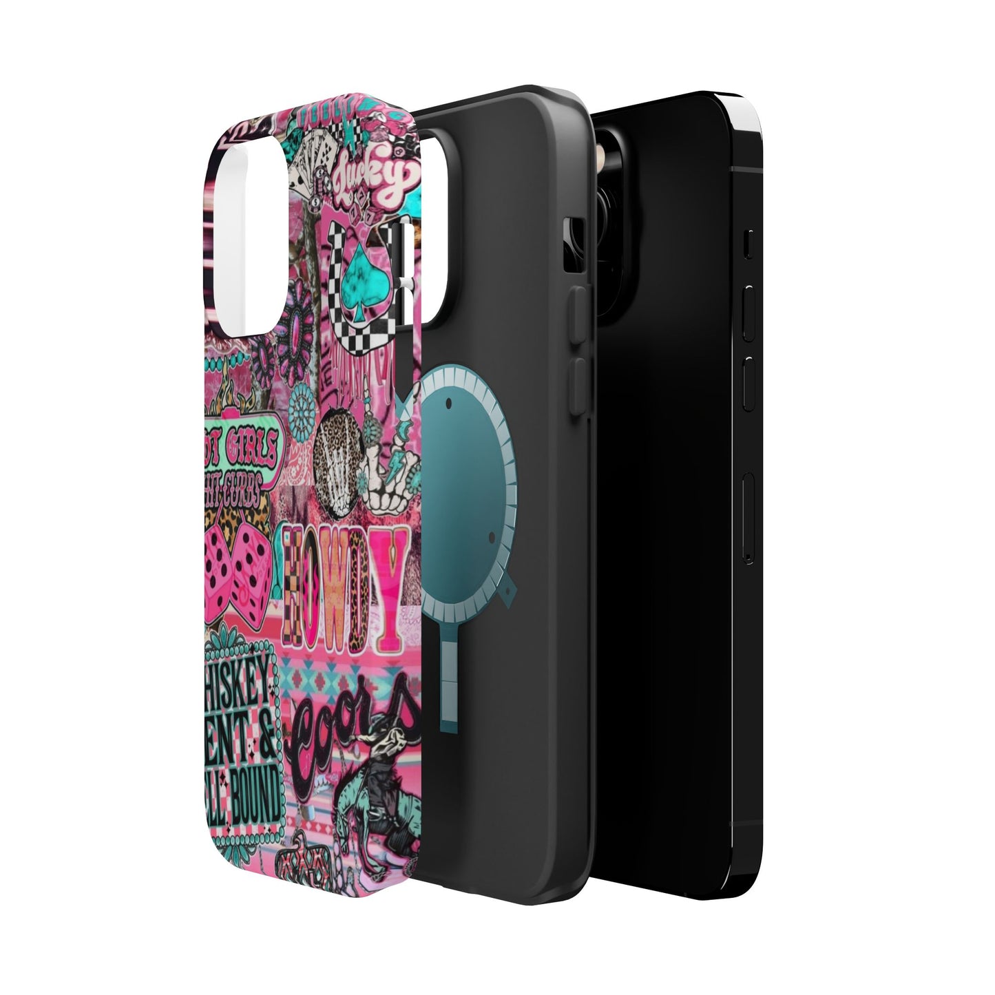 Pink Retro Patchwork Tough Magnetic Phone Case - 'Cowgirl' Sticker Collage