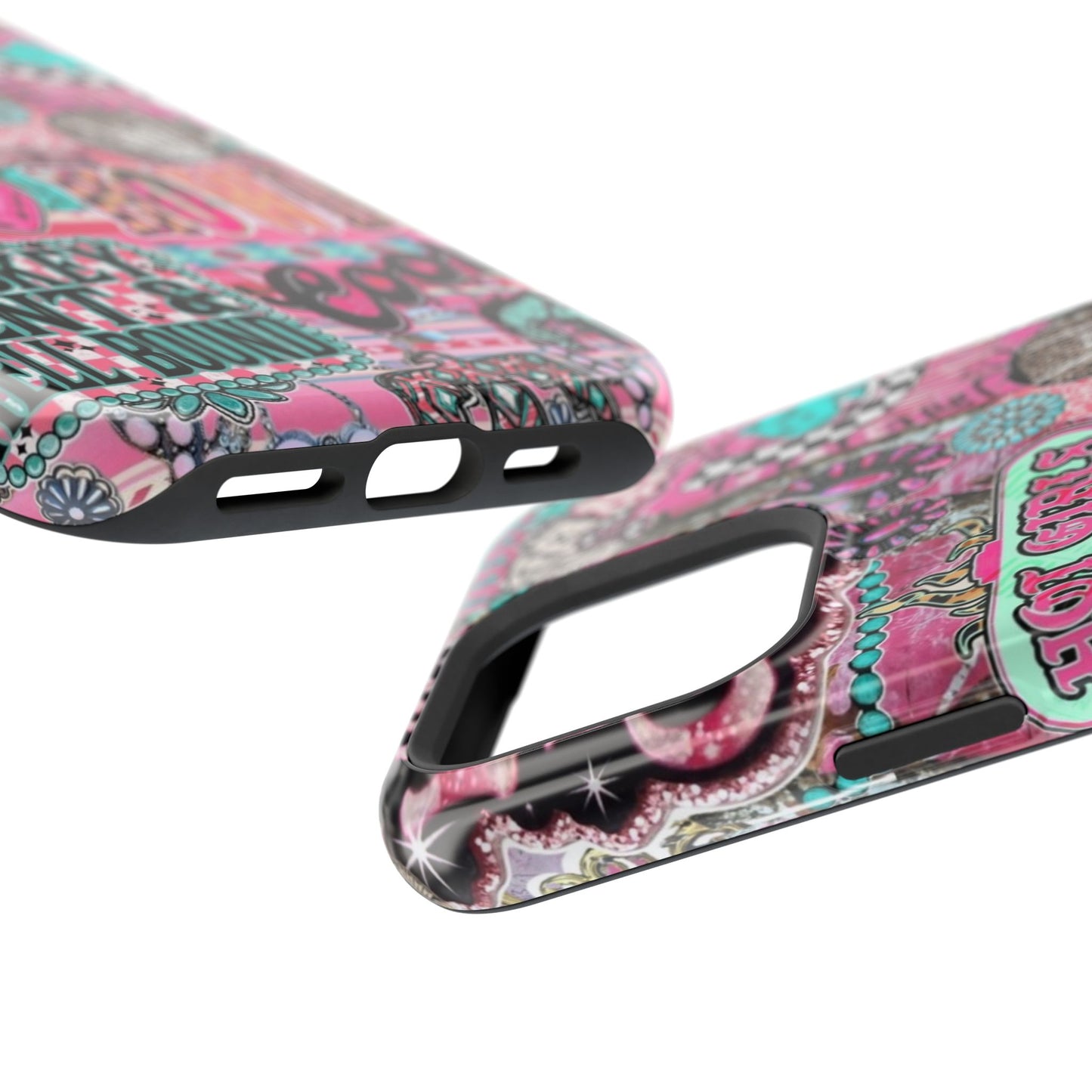 Pink Retro Patchwork Tough Magnetic Phone Case - 'Cowgirl' Sticker Collage