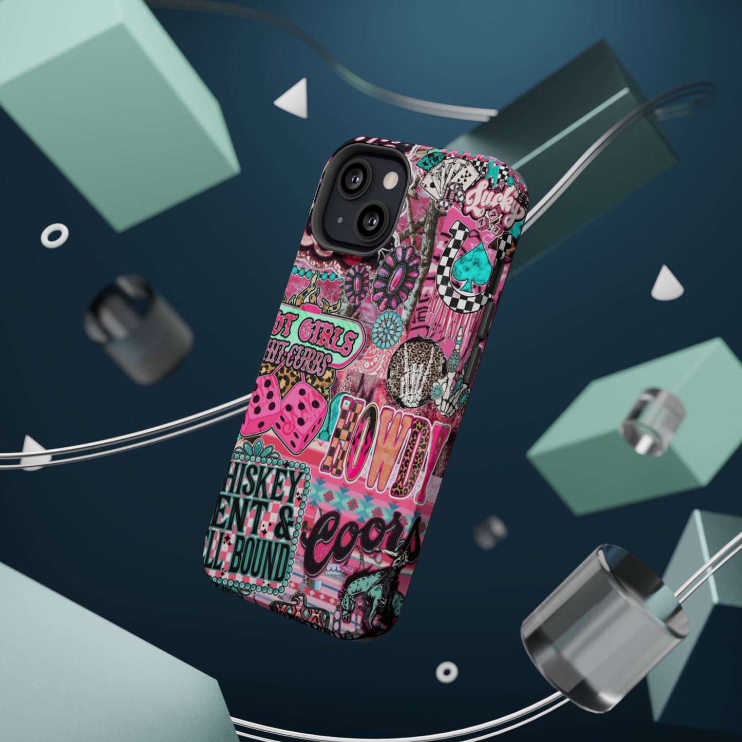 Pink Retro Patchwork Tough Magnetic Phone Case - 'Cowgirl' Sticker Collage