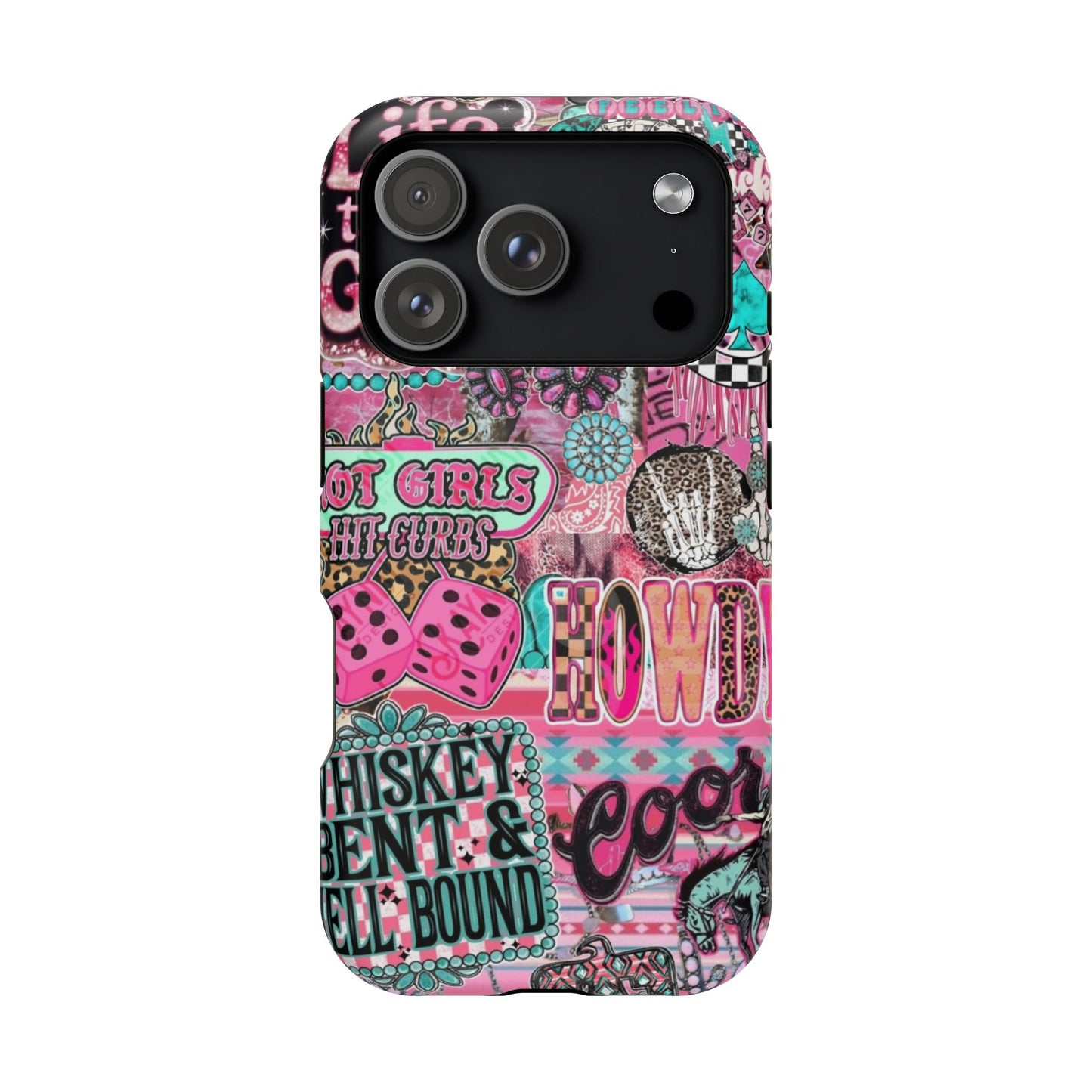 Pink Retro Patchwork Tough Magnetic Phone Case - 'Cowgirl' Sticker Collage
