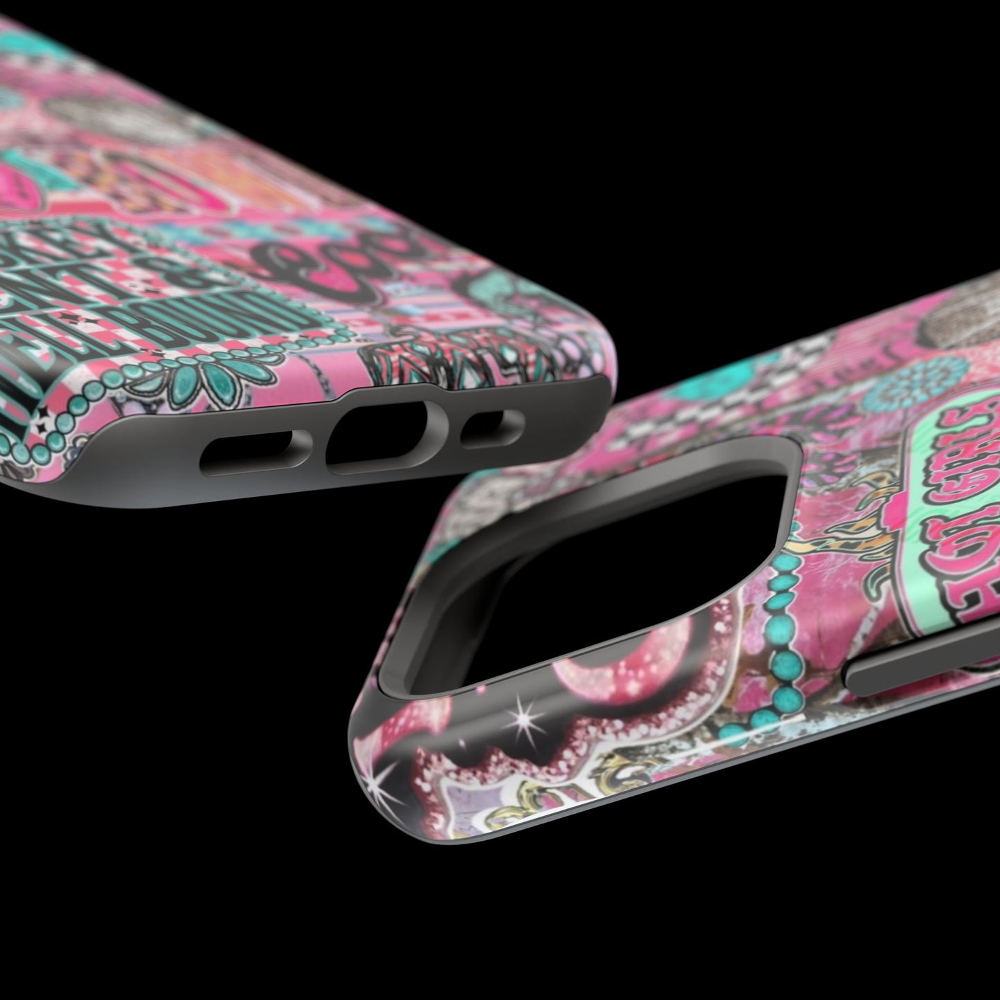 Pink Retro Patchwork Tough Magnetic Phone Case - 'Cowgirl' Sticker Collage