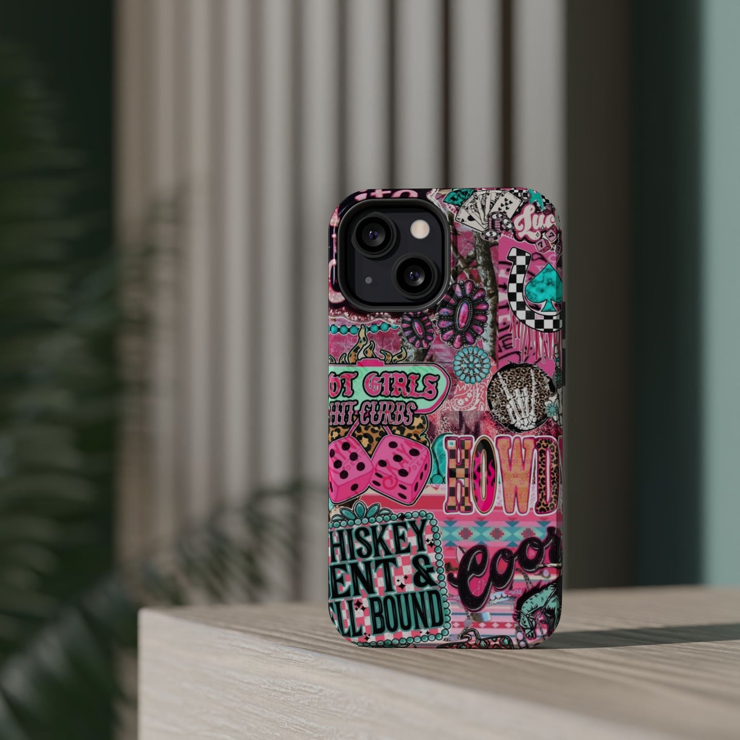 Pink Retro Patchwork Tough Magnetic Phone Case - 'Cowgirl' Sticker Collage