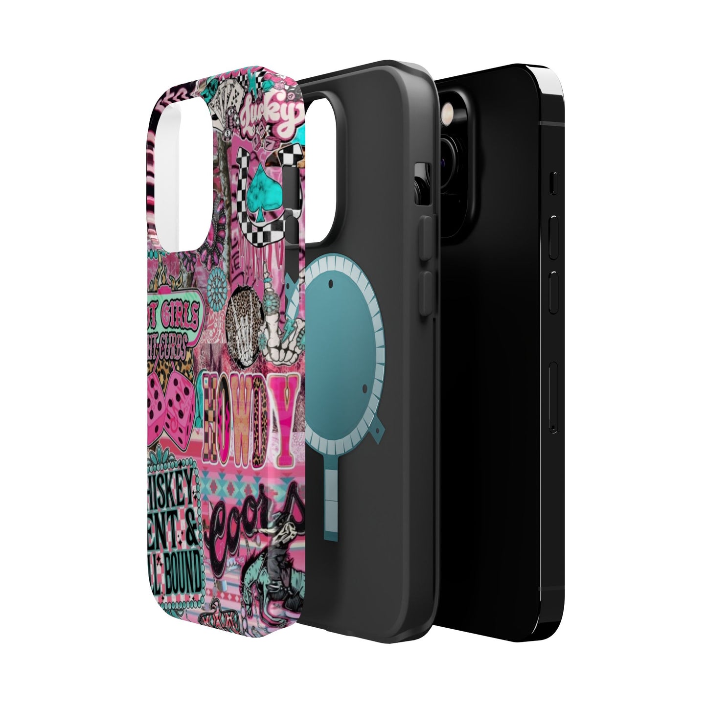 Pink Retro Patchwork Tough Magnetic Phone Case - 'Cowgirl' Sticker Collage