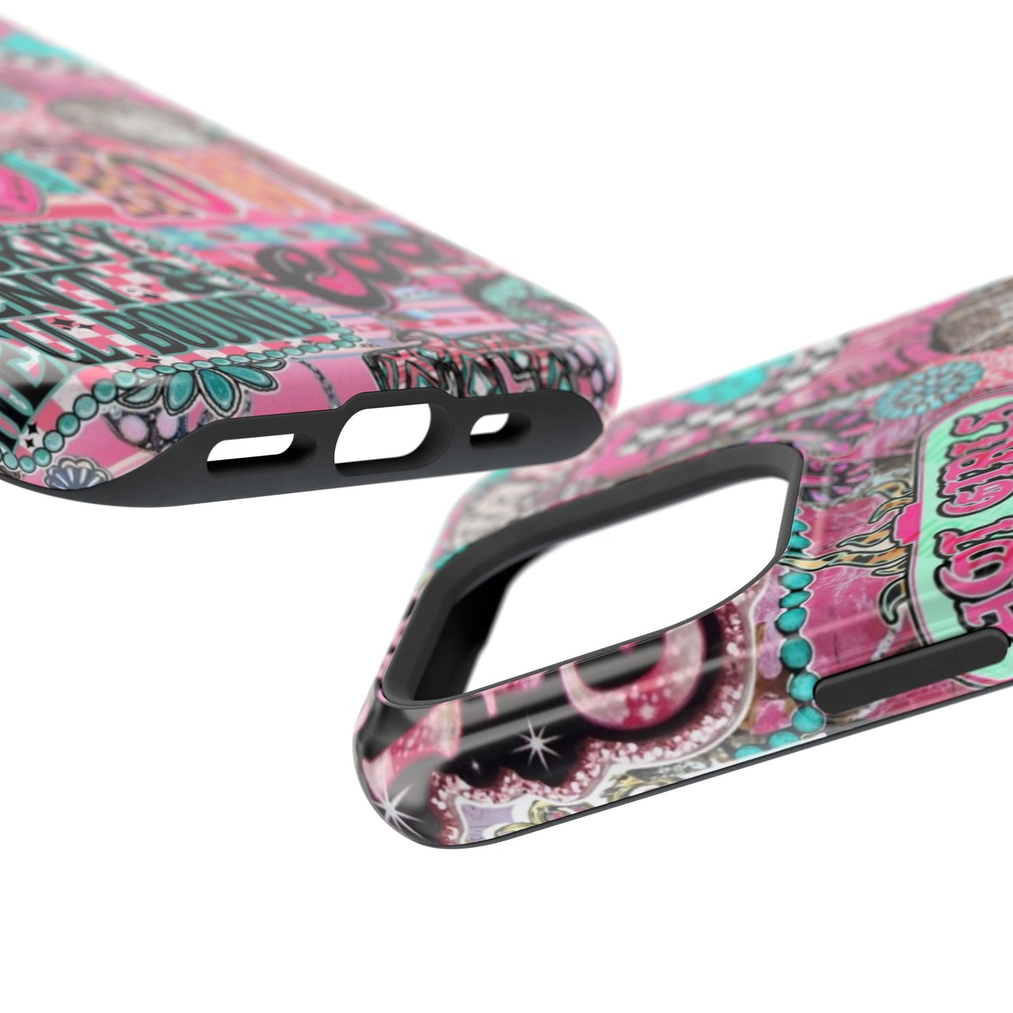 Pink Retro Patchwork Tough Magnetic Phone Case - 'Cowgirl' Sticker Collage