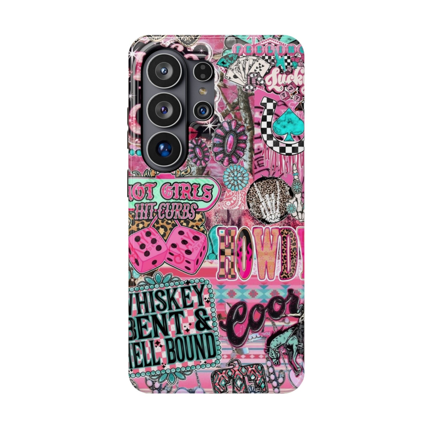 Pink Retro Patchwork Tough Magnetic Phone Case - 'Cowgirl' Sticker Collage