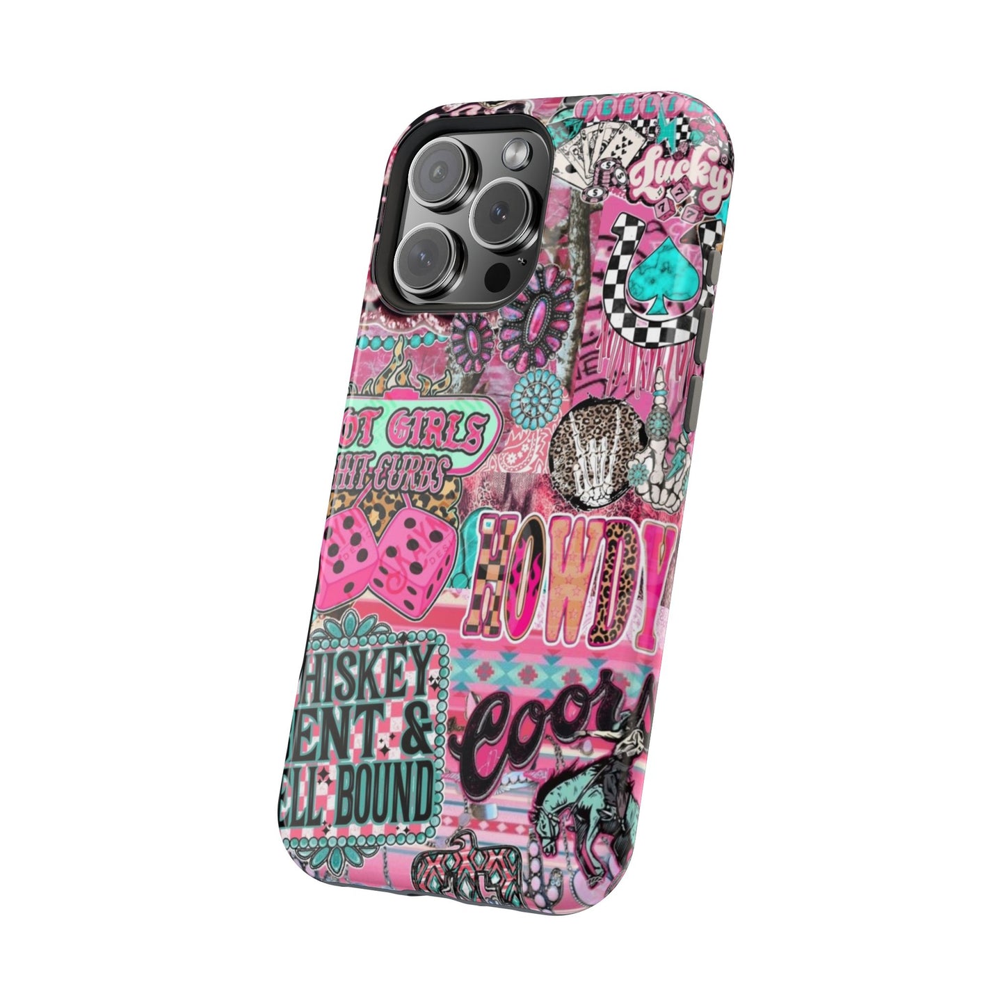 Pink Retro Patchwork Tough Magnetic Phone Case - 'Cowgirl' Sticker Collage