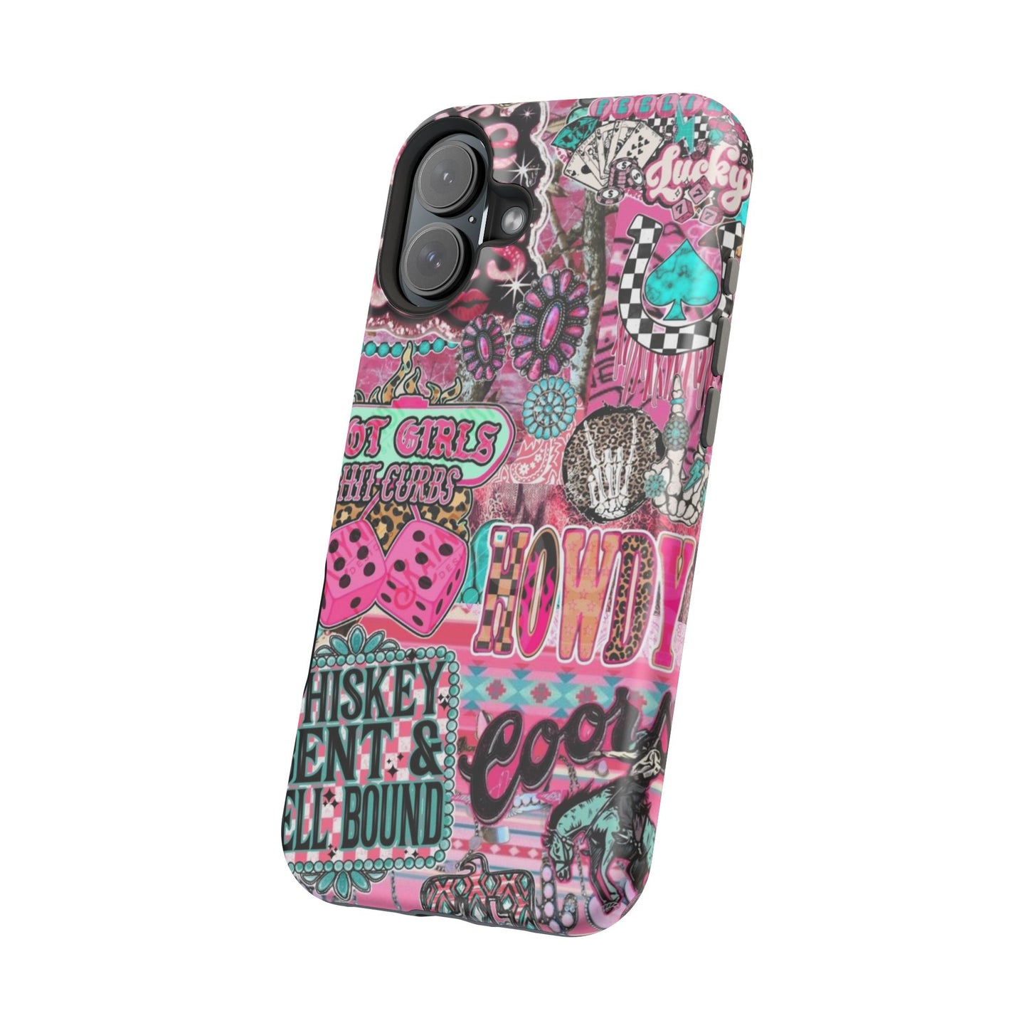 Pink Retro Patchwork Tough Magnetic Phone Case - 'Cowgirl' Sticker Collage