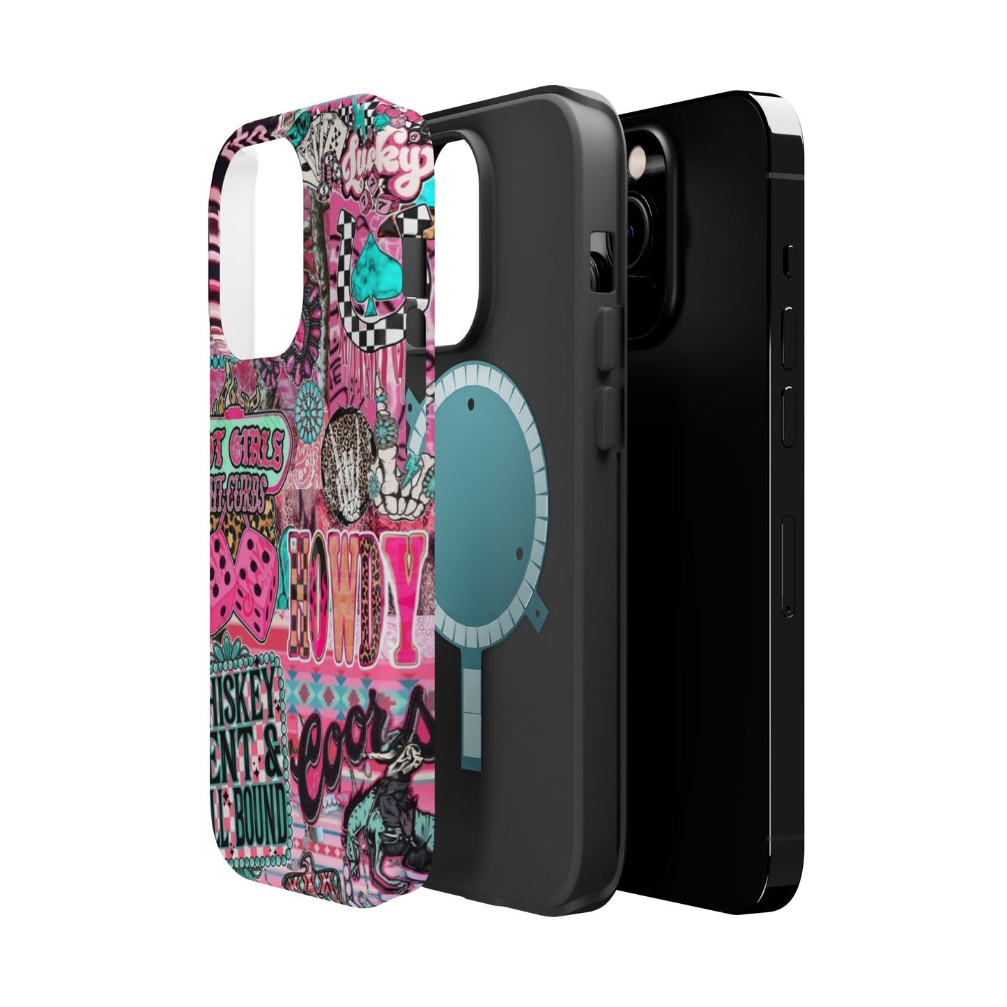Pink Retro Patchwork Tough Magnetic Phone Case - 'Cowgirl' Sticker Collage