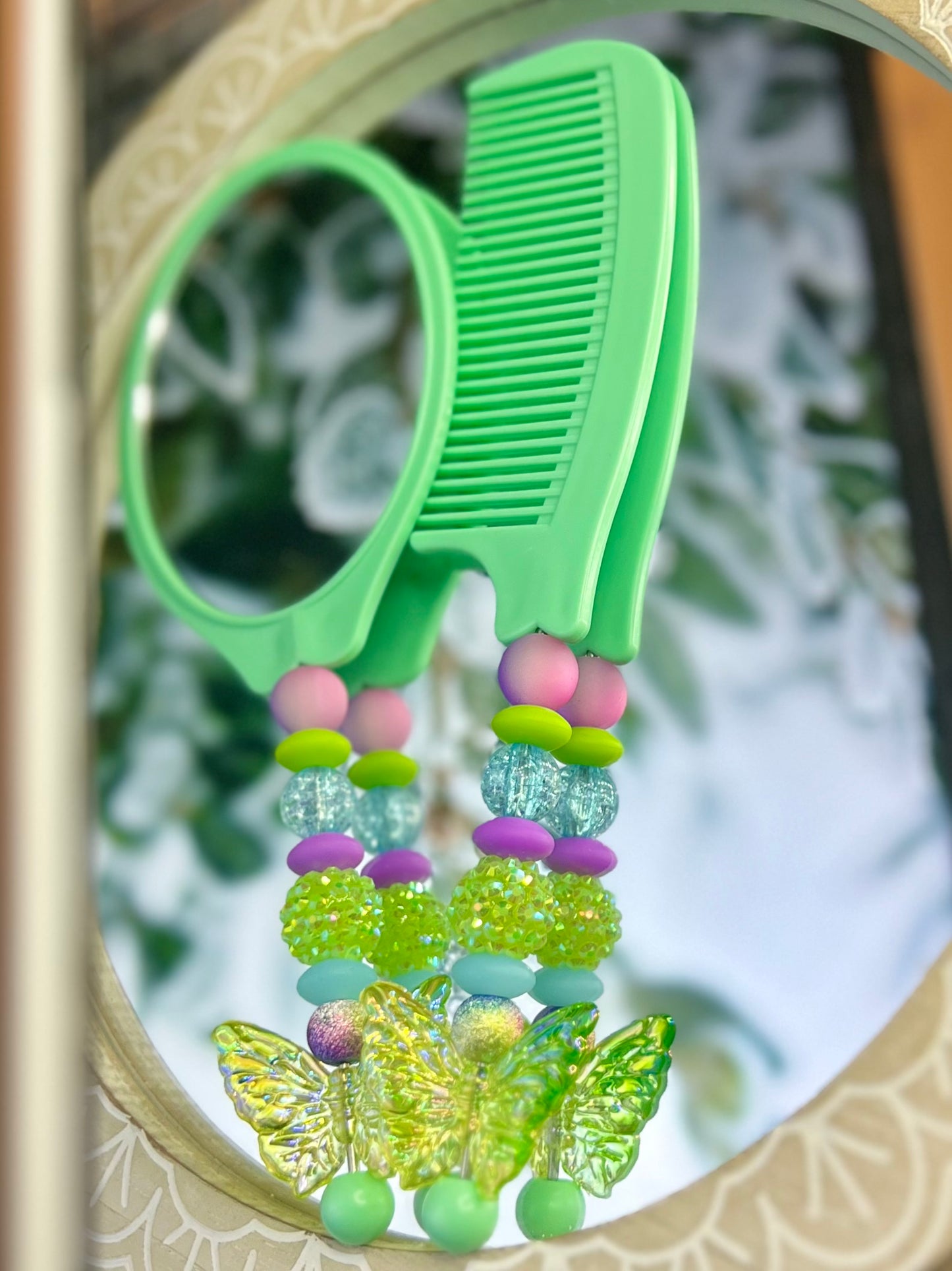 Green butterfly comb/mirror set