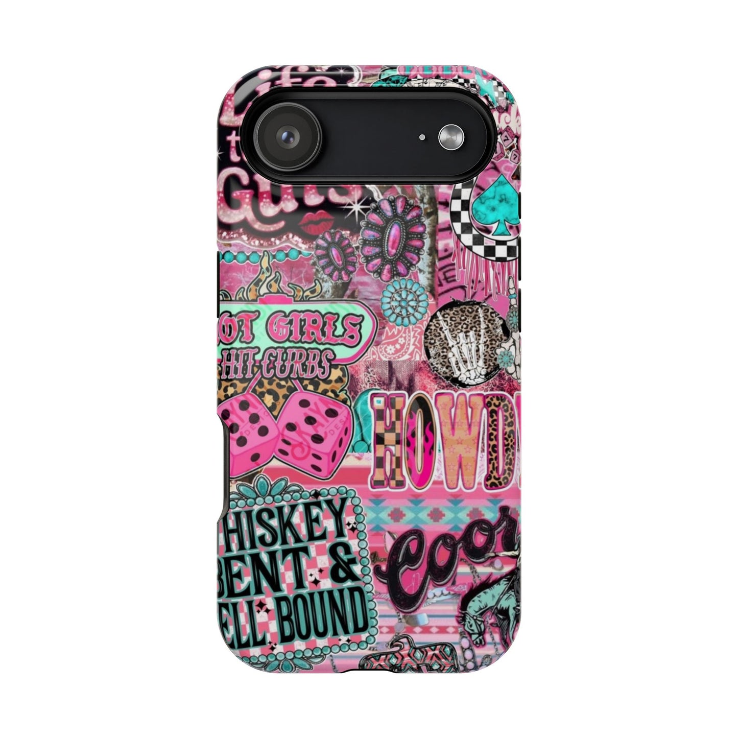 Pink Retro Patchwork Tough Magnetic Phone Case - 'Cowgirl' Sticker Collage
