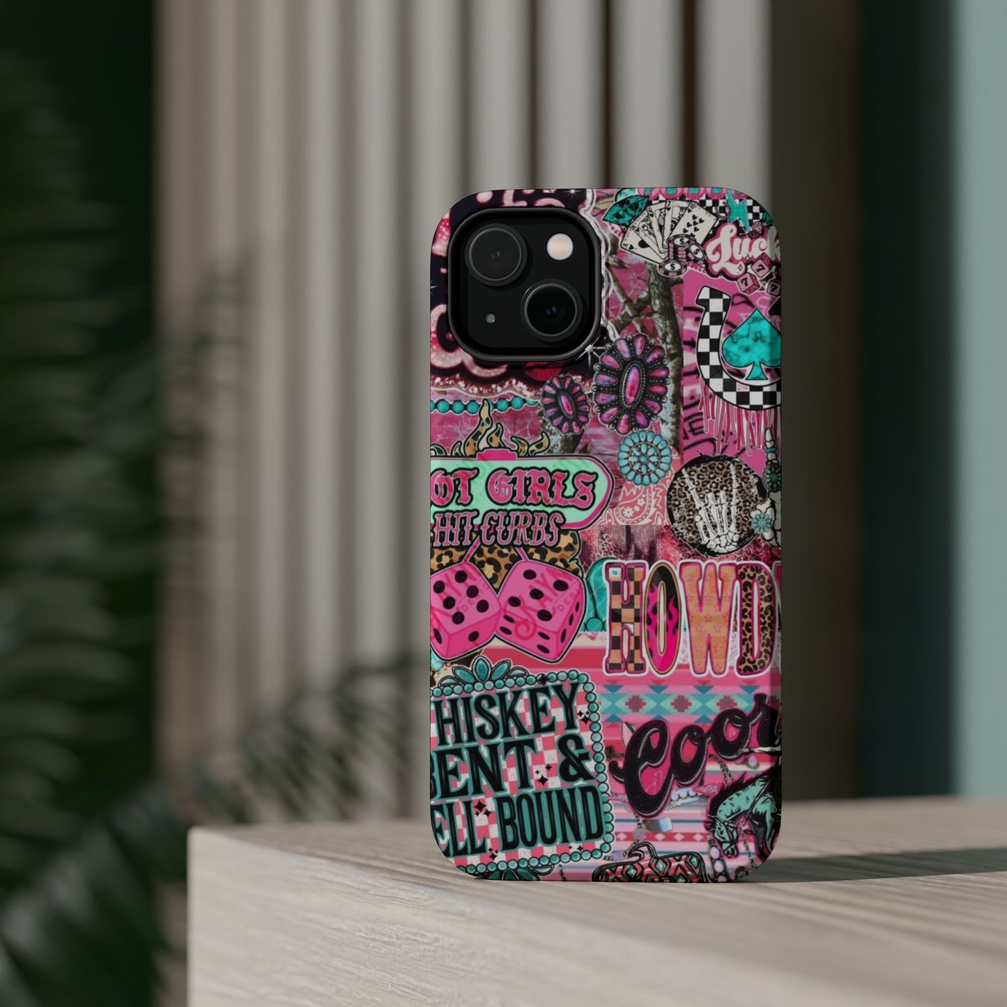 Pink Retro Patchwork Tough Magnetic Phone Case - 'Cowgirl' Sticker Collage