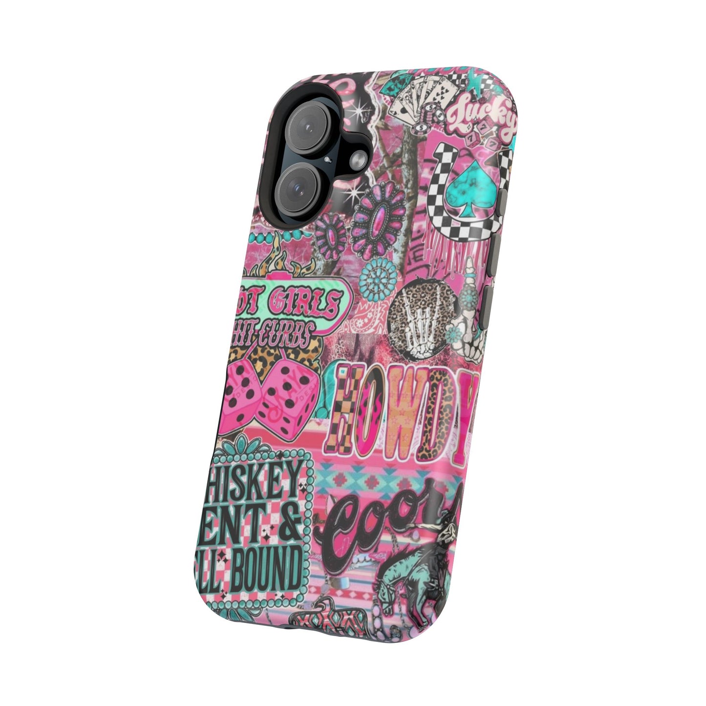 Pink Retro Patchwork Tough Magnetic Phone Case - 'Cowgirl' Sticker Collage