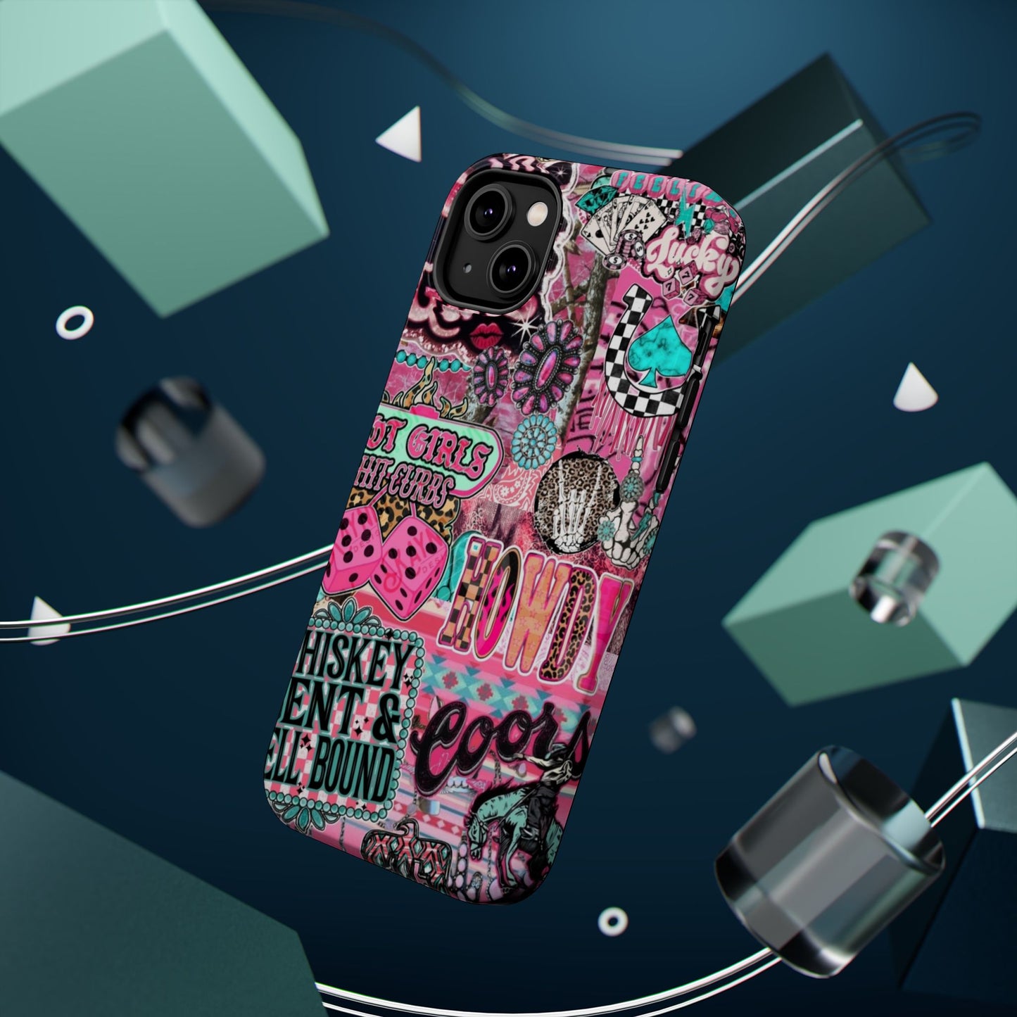 Pink Retro Patchwork Tough Magnetic Phone Case - 'Cowgirl' Sticker Collage