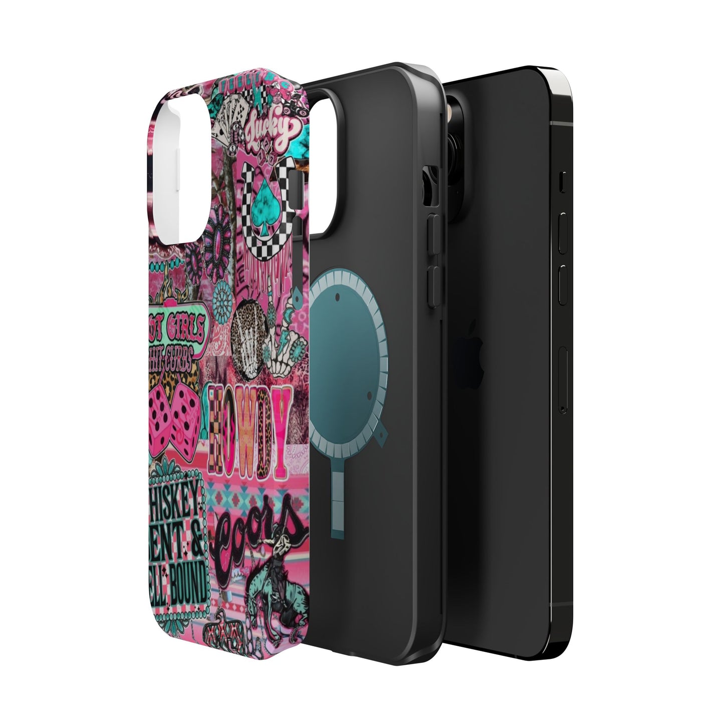 Pink Retro Patchwork Tough Magnetic Phone Case - 'Cowgirl' Sticker Collage