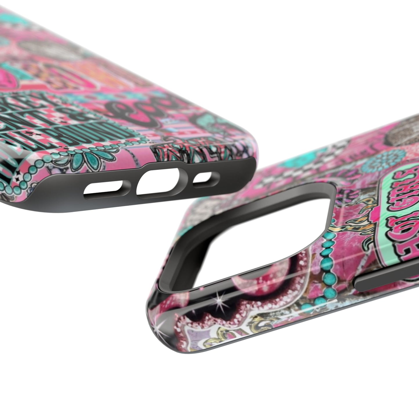 Pink Retro Patchwork Tough Magnetic Phone Case - 'Cowgirl' Sticker Collage