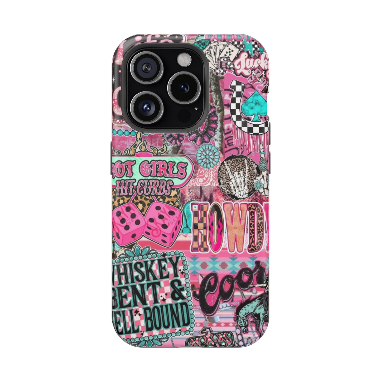 Pink Retro Patchwork Tough Magnetic Phone Case - 'Cowgirl' Sticker Collage