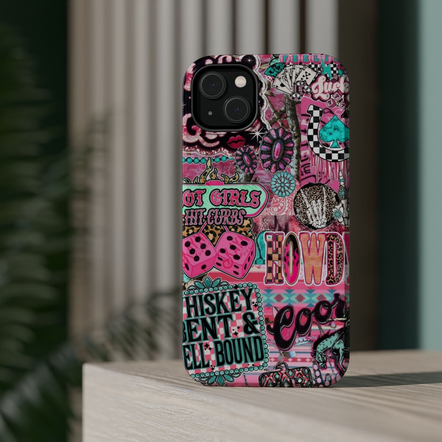 Pink Retro Patchwork Tough Magnetic Phone Case - 'Cowgirl' Sticker Collage