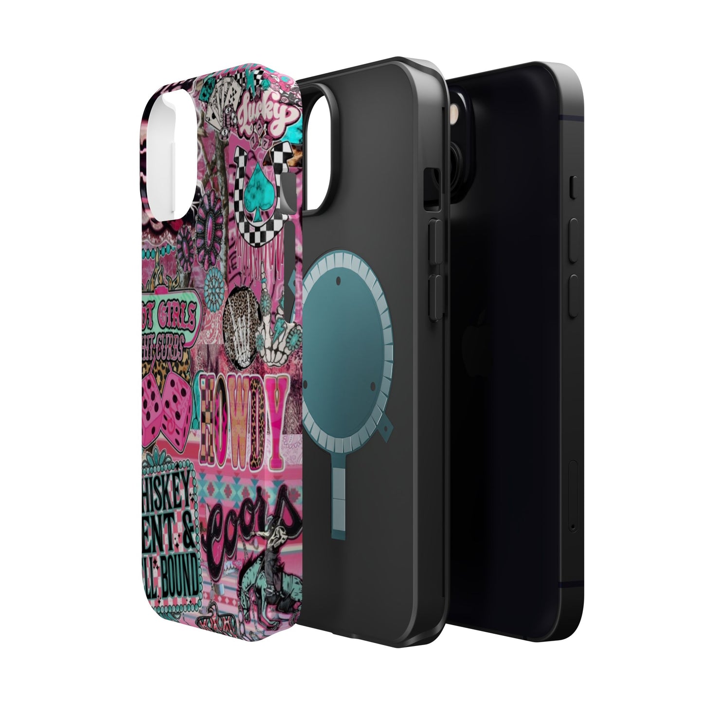 Pink Retro Patchwork Tough Magnetic Phone Case - 'Cowgirl' Sticker Collage