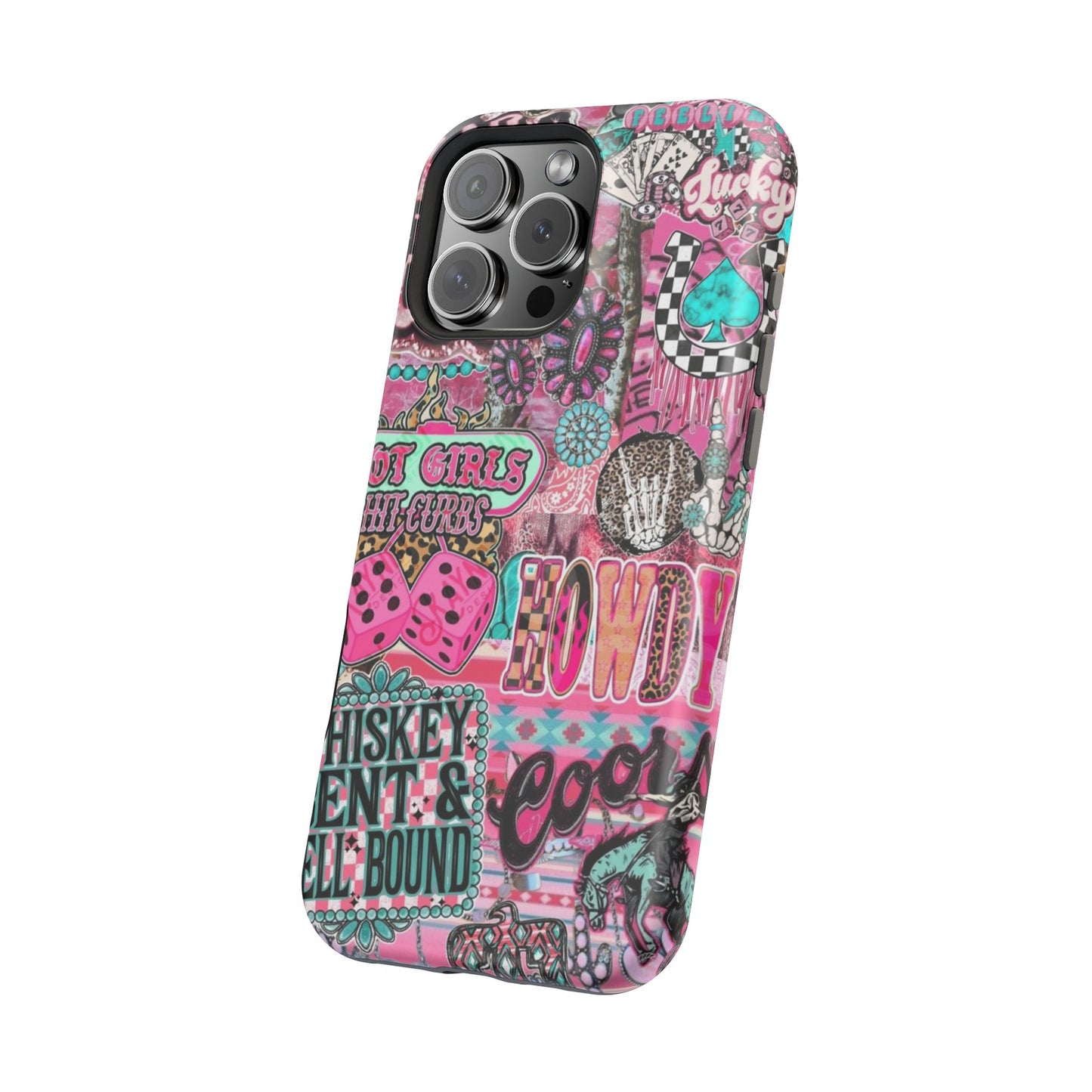 Pink Retro Patchwork Tough Magnetic Phone Case - 'Cowgirl' Sticker Collage